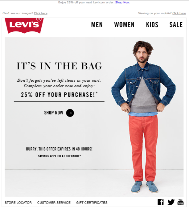 A Levi's abandoned cart email featuring an exclusive discount
