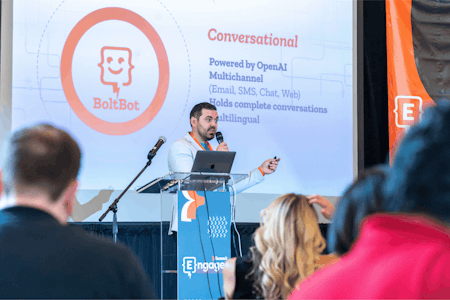 Ardis Kadiu presenting on BoltBot at Engage Summit