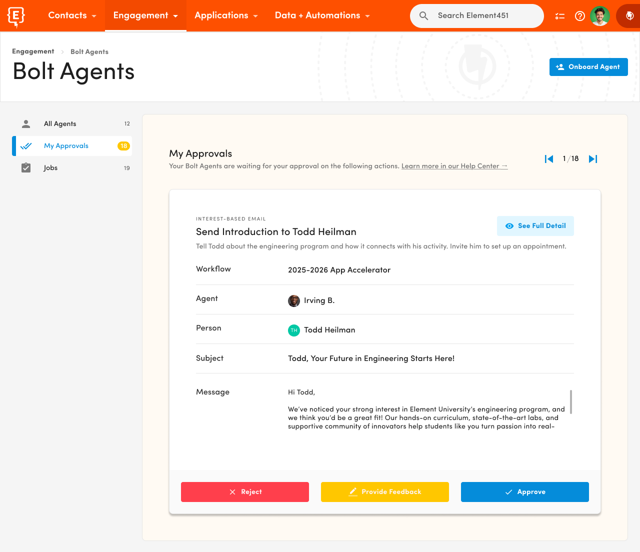 An Element451 product screen that shows how users can edit or approve Bolt Agent actions