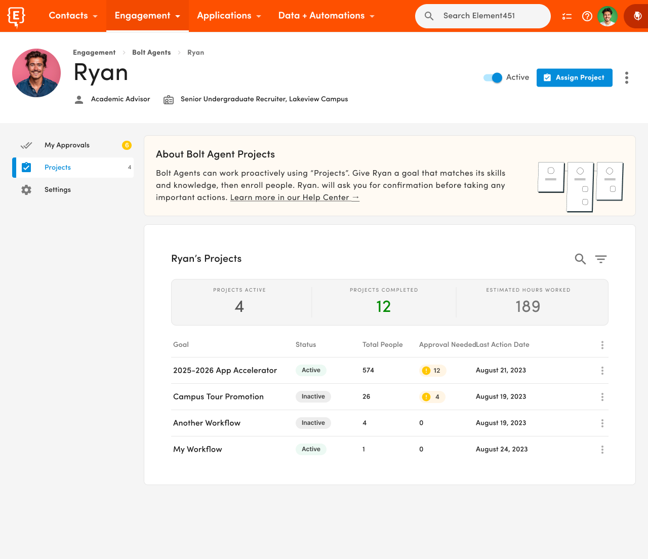 An Element451 product screen showing the projects a Bolt Agent is working on