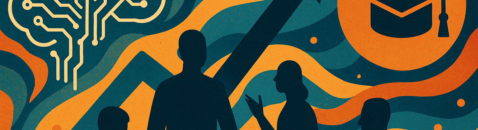 An abstract illustration showing people collaborating with AI in an educational setting, symbolized by a brain circuit, graduation cap, and upward arrow.