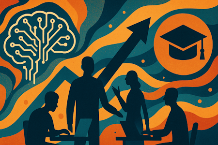 An abstract illustration showing people collaborating with AI in an educational setting, symbolized by a brain circuit, graduation cap, and upward arrow.