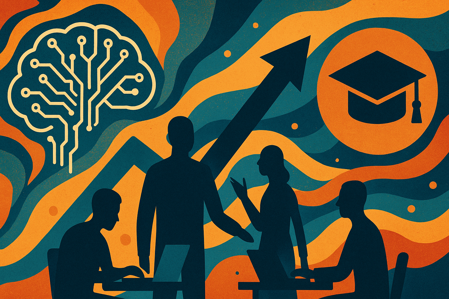 An abstract illustration showing people collaborating with AI in an educational setting, symbolized by a brain circuit, graduation cap, and upward arrow.