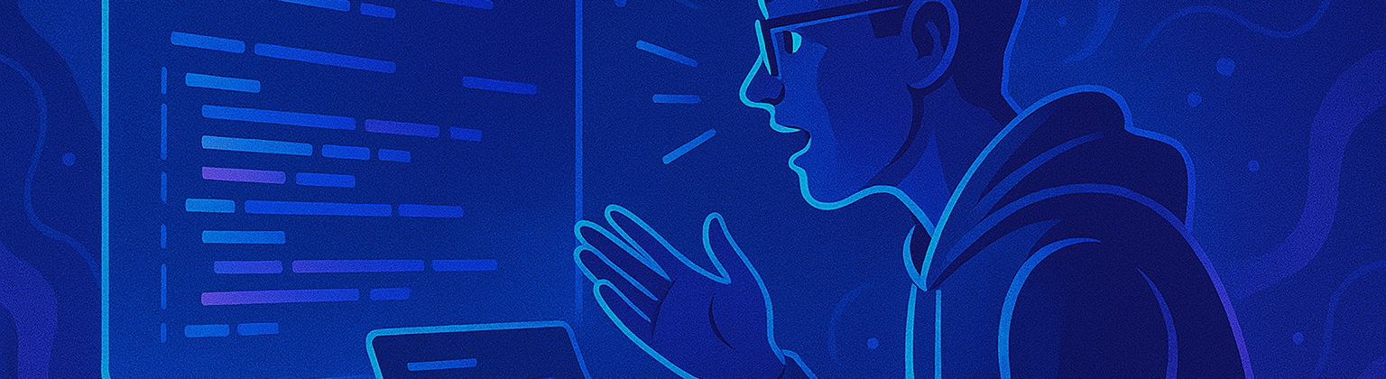 A stylized, neon-blue illustration of a person in a hoodie speaking animatedly to a floating screen filled with code, symbolizing voice-driven programming or AI-assisted coding.