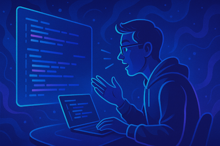 A stylized, neon-blue illustration of a person in a hoodie speaking animatedly to a floating screen filled with code, symbolizing voice-driven programming or AI-assisted coding.