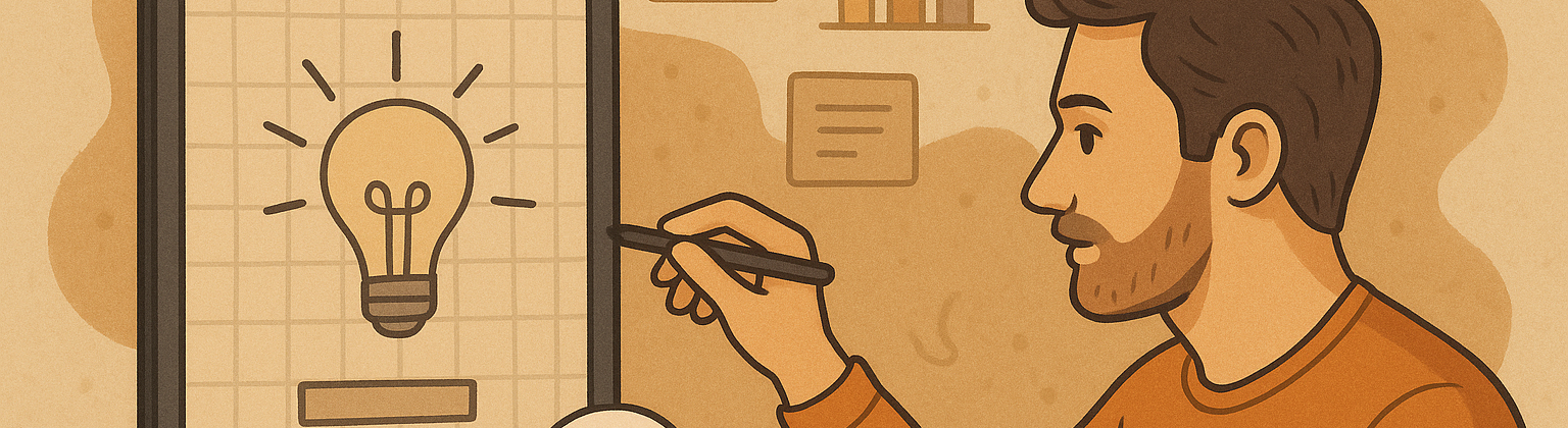 A man collaborates with a friendly robot emerging from a laptop as he sketches a lightbulb on a digital tablet, symbolizing AI-assisted creativity and innovation.