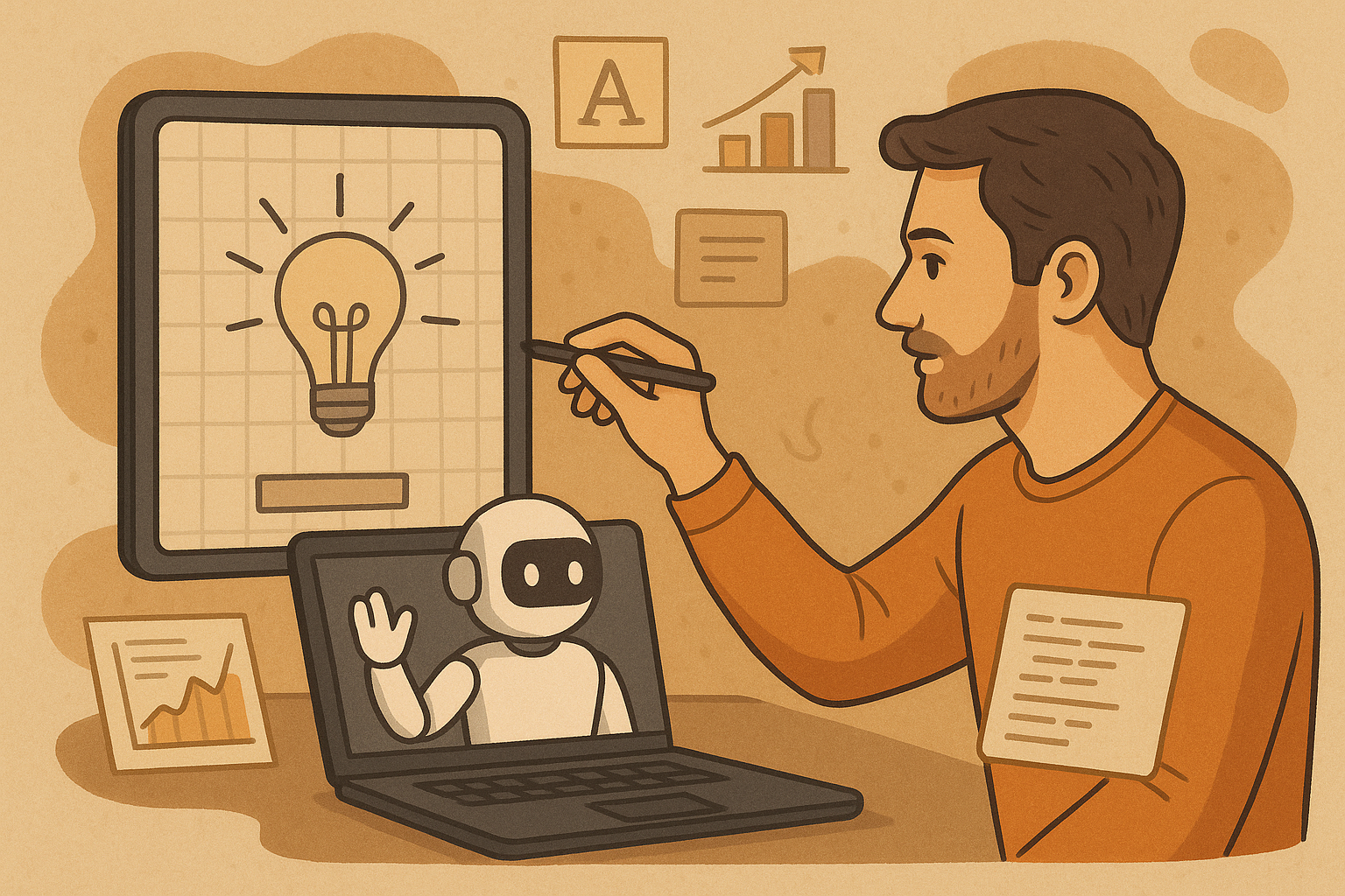 A man collaborates with a friendly robot emerging from a laptop as he sketches a lightbulb on a digital tablet, symbolizing AI-assisted creativity and innovation.