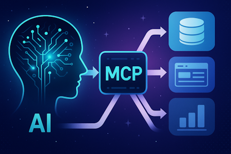 A futuristic illustration showing an AI brain interfacing with a central “MCP” hub that connects to multiple data sources, symbolizing seamless data integration and standardization in artificial intelligence systems.