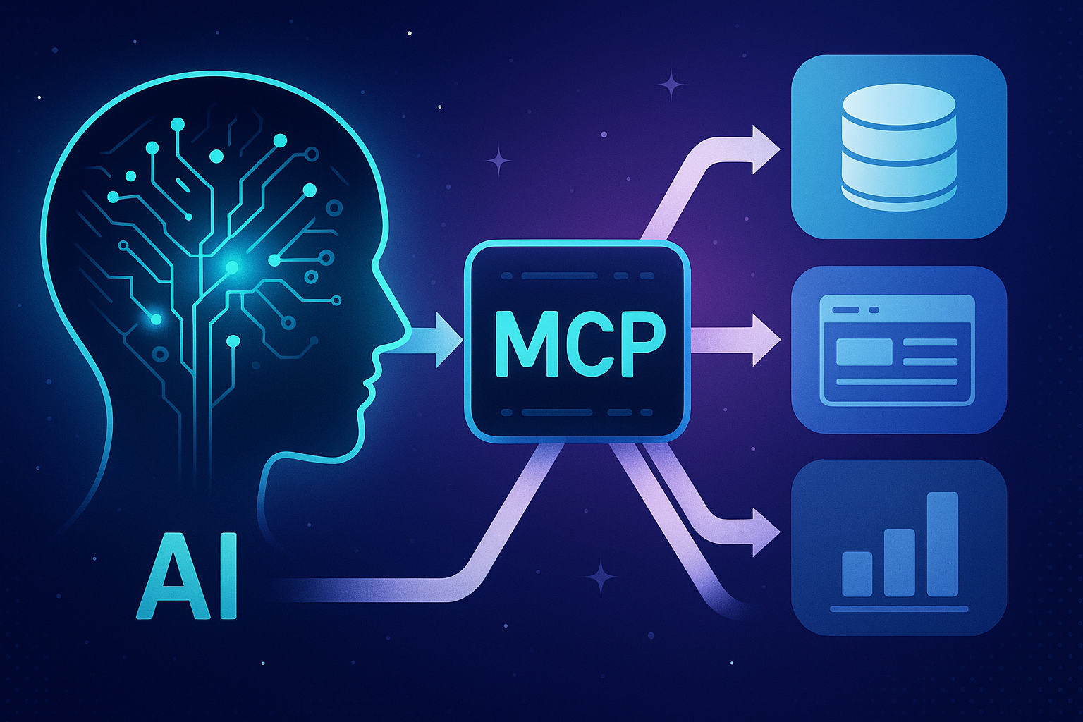A futuristic illustration showing an AI brain interfacing with a central “MCP” hub that connects to multiple data sources, symbolizing seamless data integration and standardization in artificial intelligence systems.