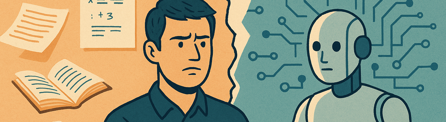 This illustration shows the contrast between traditional education and AI-driven learning. On the left, a human appears frustrated or skeptical, surrounded by books and handwritten notes. On the right, an emotionless robot works efficiently on a laptop, with digital circuit lines behind it symbolizing artificial intelligence. A jagged line divides the two, highlighting the tension between human learning methods and machine-powered solutions.