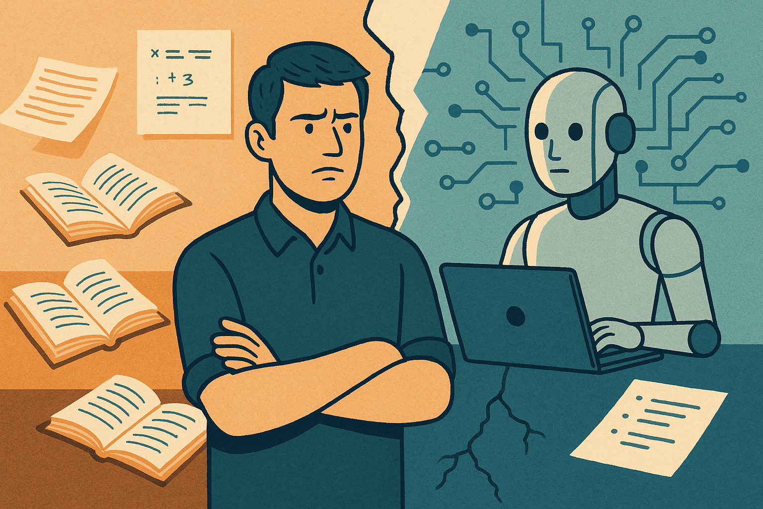 This illustration shows the contrast between traditional education and AI-driven learning. On the left, a human appears frustrated or skeptical, surrounded by books and handwritten notes. On the right, an emotionless robot works efficiently on a laptop, with digital circuit lines behind it symbolizing artificial intelligence. A jagged line divides the two, highlighting the tension between human learning methods and machine-powered solutions.