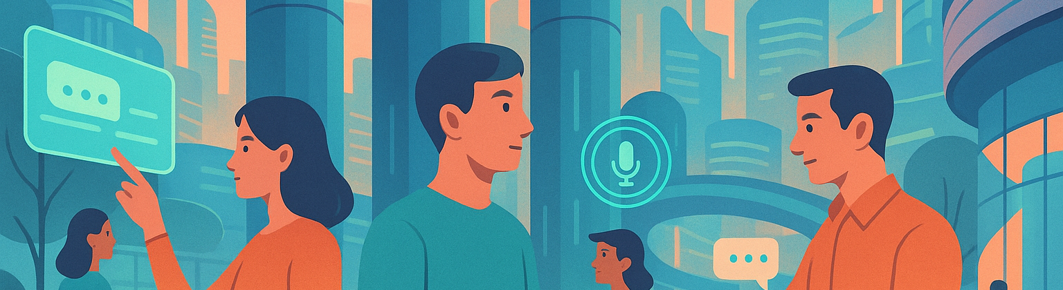 A futuristic city where people interact with AI through holograms, wearables, and voice tech amid glowing towers and flying vehicles.