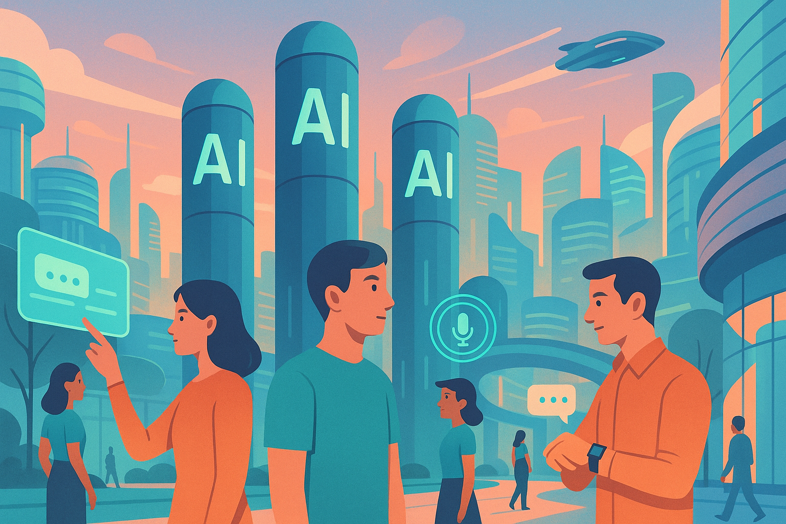 A futuristic city where people interact with AI through holograms, wearables, and voice tech amid glowing towers and flying vehicles.