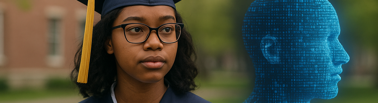 A young graduate wearing a navy blue cap and gown stands outside on a college campus. She looks thoughtfully into the distance. Beside her, a glowing blue digital human head made of binary code symbolizes artificial intelligence, suggesting a future shaped by AI.