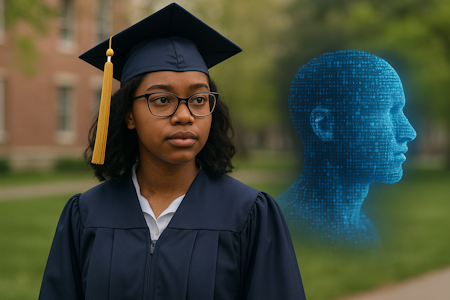 A young graduate wearing a navy blue cap and gown stands outside on a college campus. She looks thoughtfully into the distance. Beside her, a glowing blue digital human head made of binary code symbolizes artificial intelligence, suggesting a future shaped by AI.