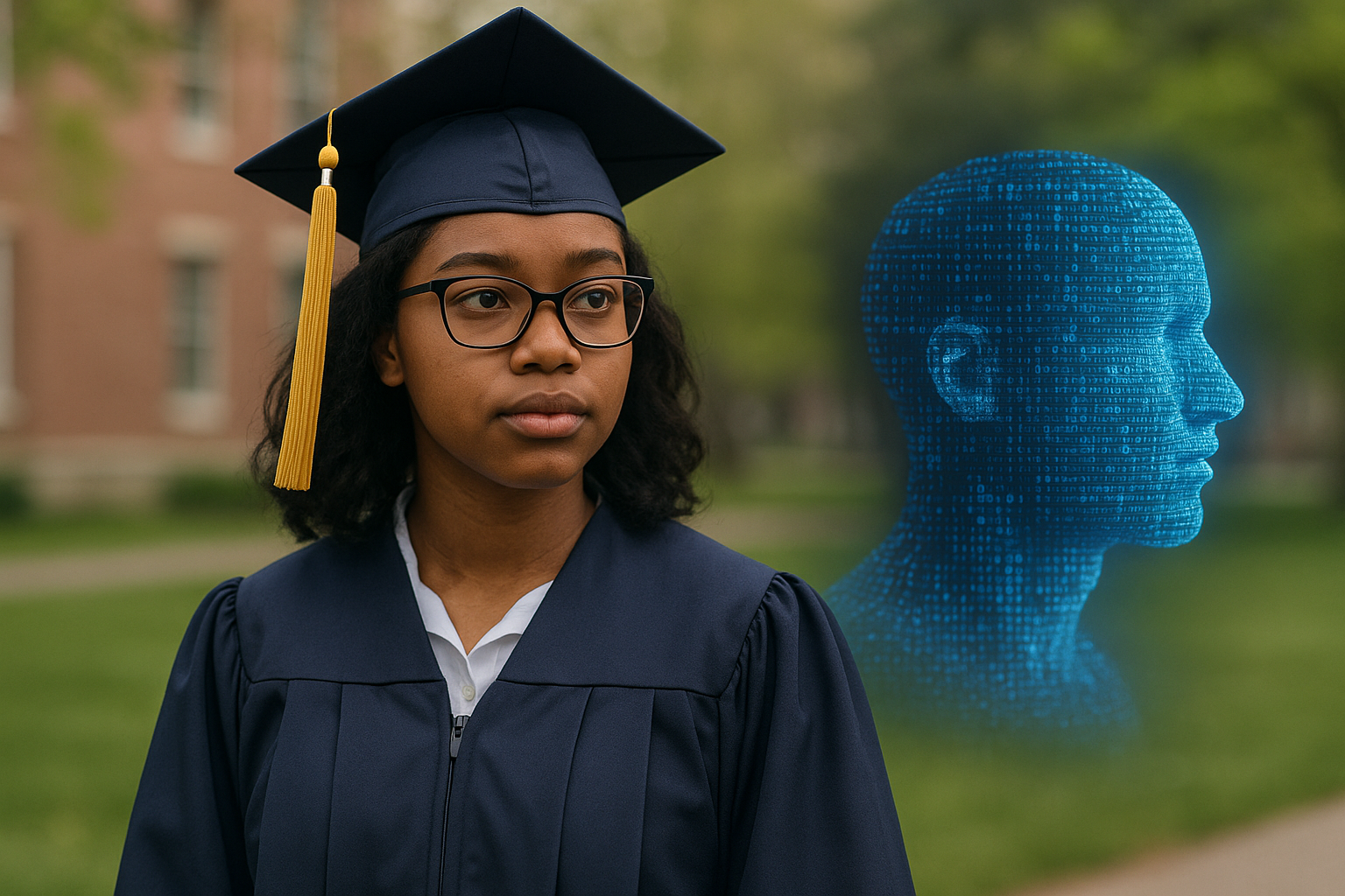 A young graduate wearing a navy blue cap and gown stands outside on a college campus. She looks thoughtfully into the distance. Beside her, a glowing blue digital human head made of binary code symbolizes artificial intelligence, suggesting a future shaped by AI.