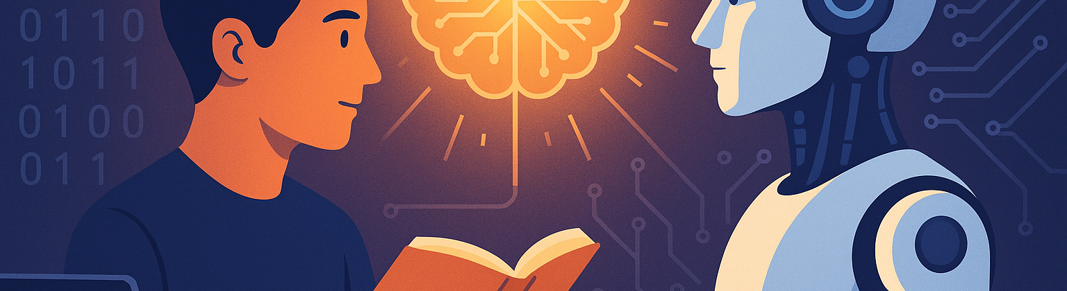 A human and a robot sit across from each other, both focused on an open book. Between them glows a bright digital brain, symbolizing artificial intelligence. The background features binary code and circuit patterns, representing the merging of human learning and machine intelligence.