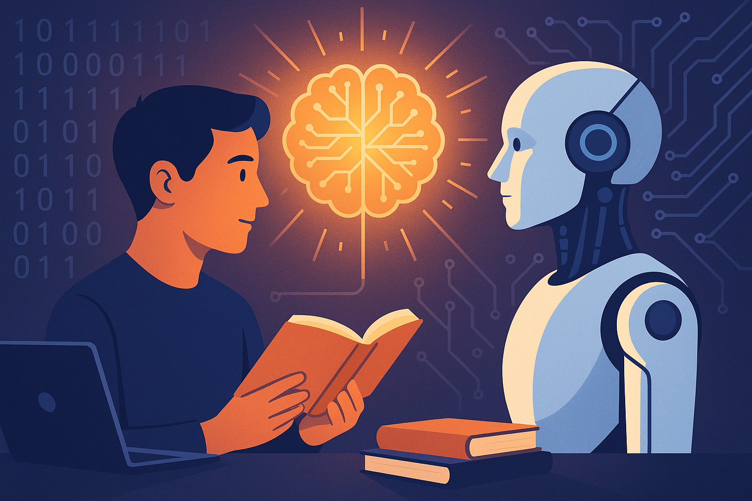 A human and a robot sit across from each other, both focused on an open book. Between them glows a bright digital brain, symbolizing artificial intelligence. The background features binary code and circuit patterns, representing the merging of human learning and machine intelligence.