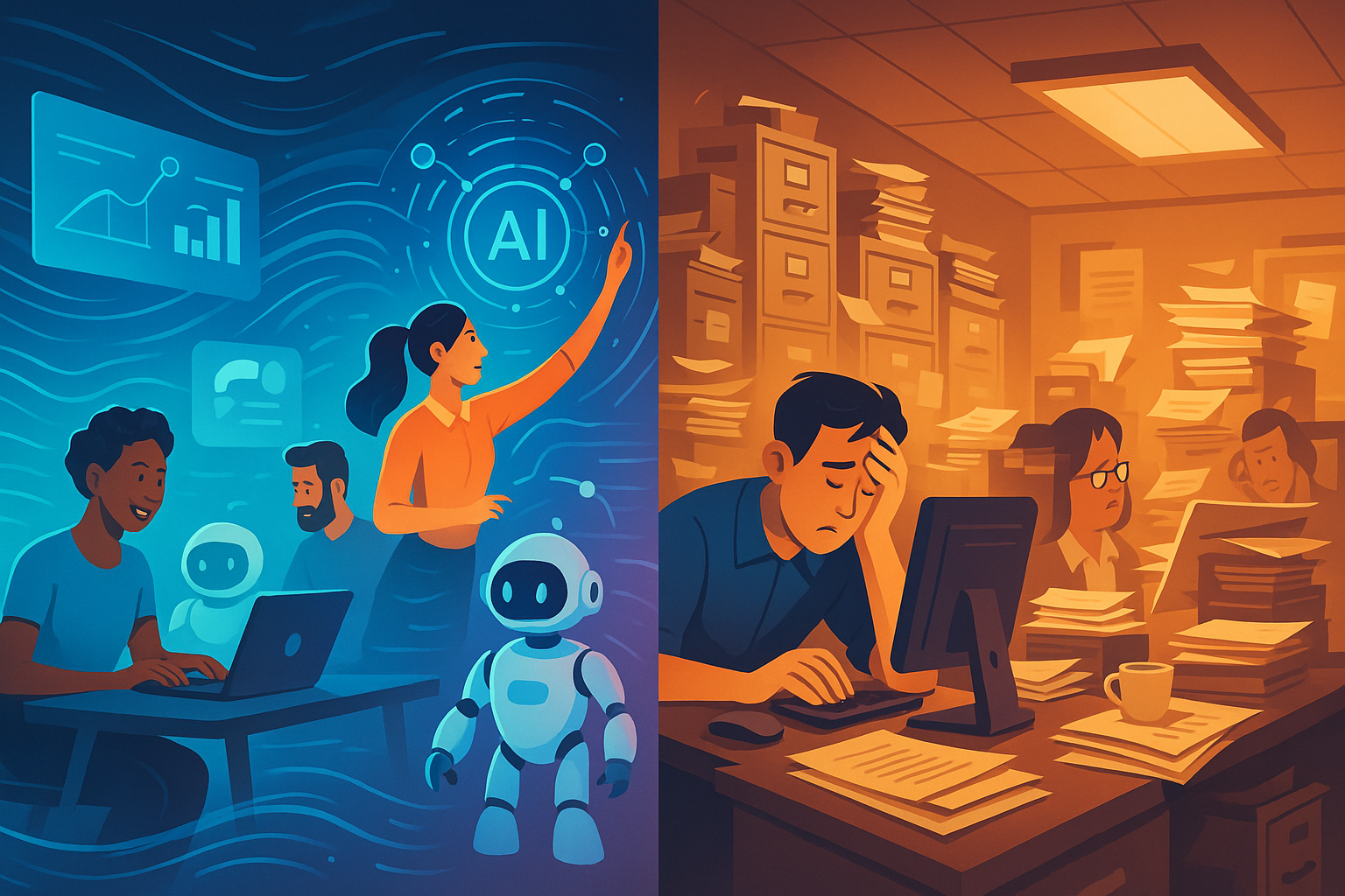 The image clearly contrasts the productivity and positivity of an AI-integrated workplace with the stress and inefficiency of a traditional, paper-based office.          Ask ChatGPT