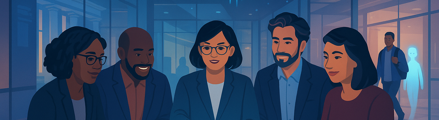 A diverse group of five professionals sits around a glowing digital table displaying a futuristic campus layout. They appear to be planning or strategizing together, smiling and engaged. Above them are glowing blue icons symbolizing artificial intelligence and neural networks. The setting is modern and high-tech, with glass walls and subtle background figures, suggesting innovation and collaboration in higher education.