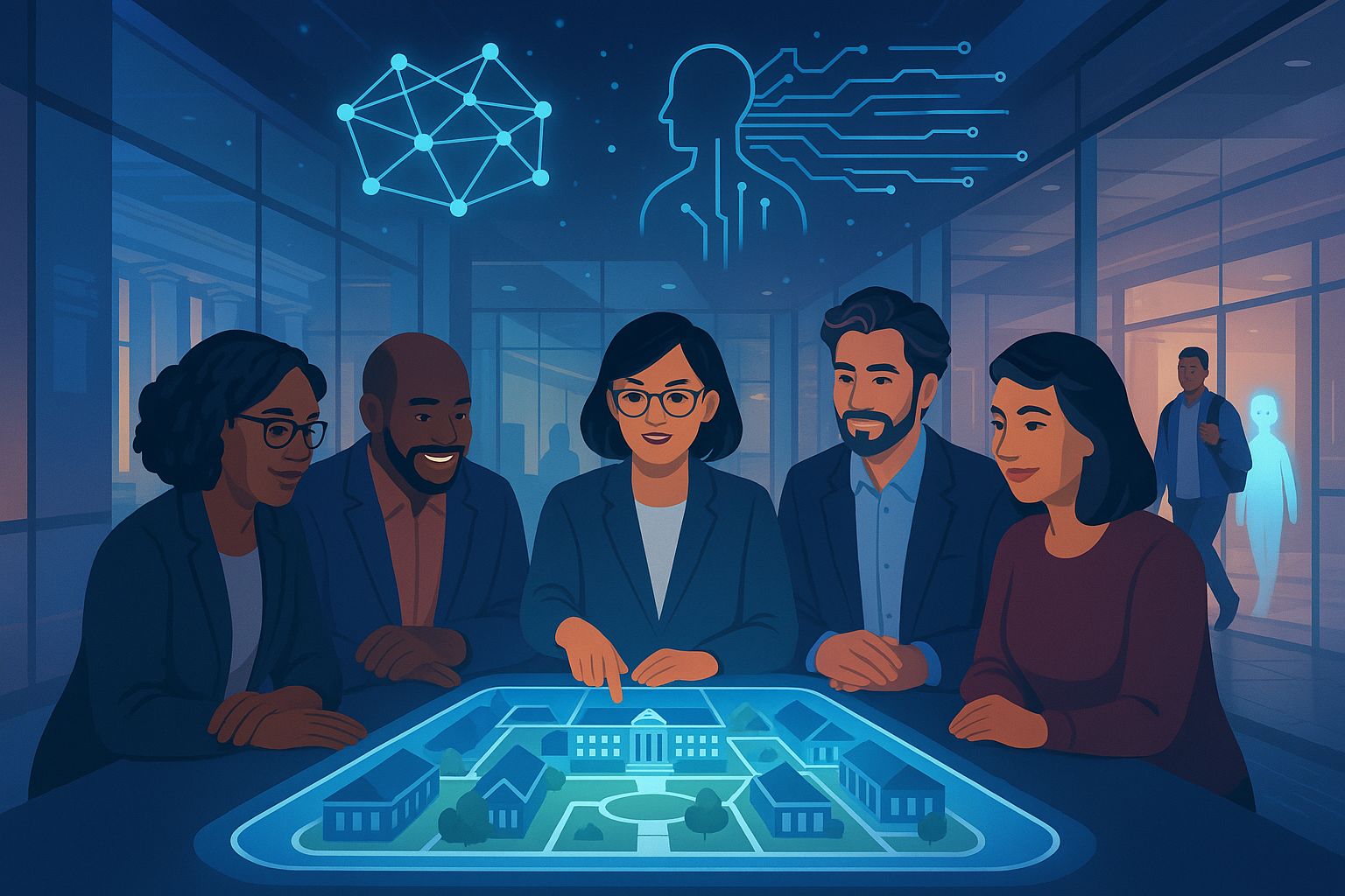 A diverse group of five professionals sits around a glowing digital table displaying a futuristic campus layout. They appear to be planning or strategizing together, smiling and engaged. Above them are glowing blue icons symbolizing artificial intelligence and neural networks. The setting is modern and high-tech, with glass walls and subtle background figures, suggesting innovation and collaboration in higher education.