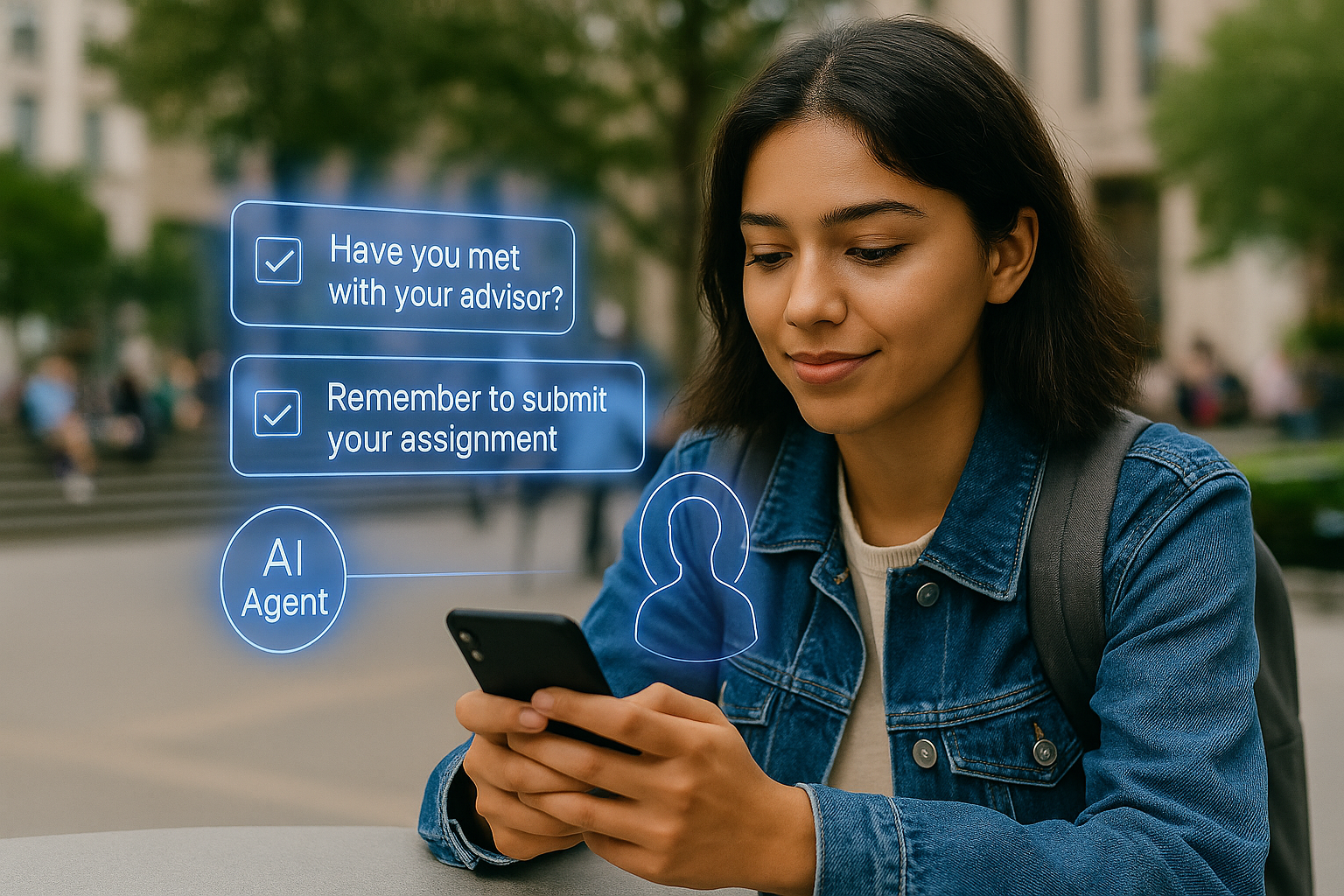 female student getting academic reminders from an AI agent on her phone