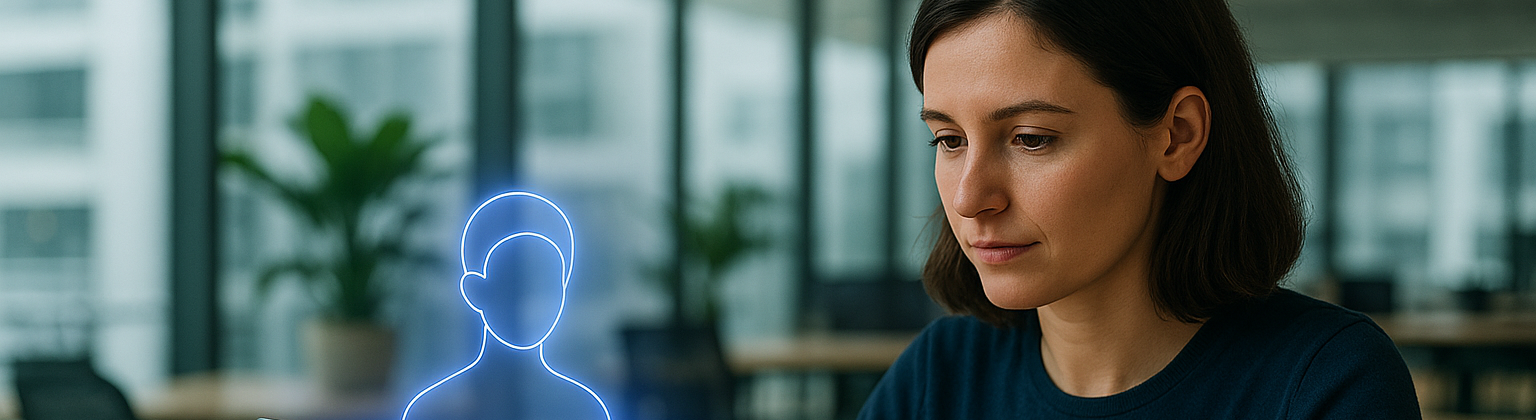 woman working with an ai agent on a laptop in an open office at a college