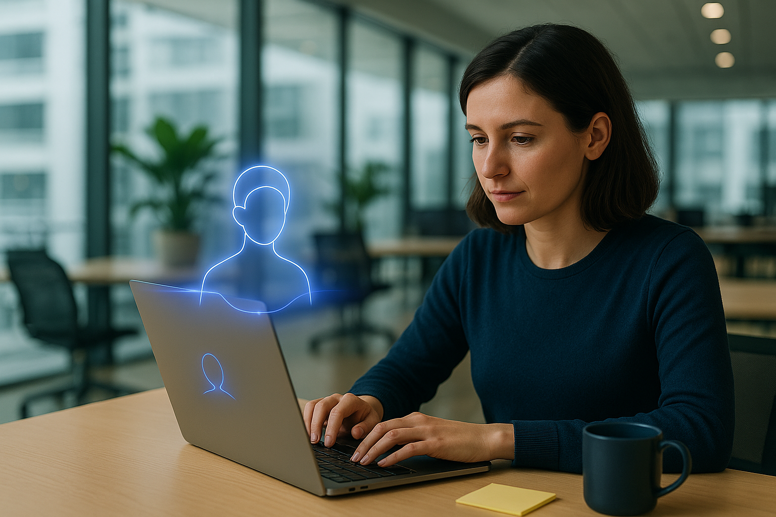 woman working with an ai agent on a laptop in an open office at a college