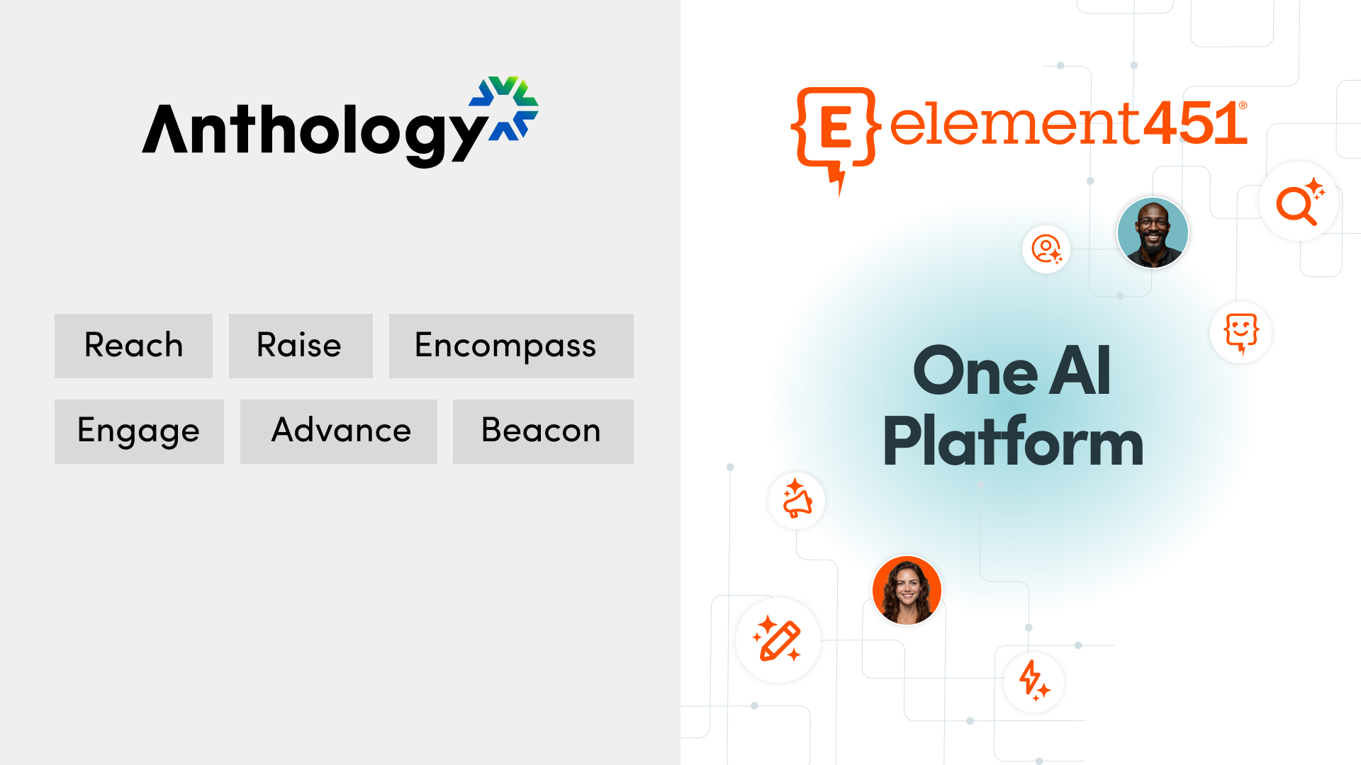 A graphic showing the unified Element451 AI platform for higher ed student engagement as an alternative to Anthology's uncertain CRM related tools