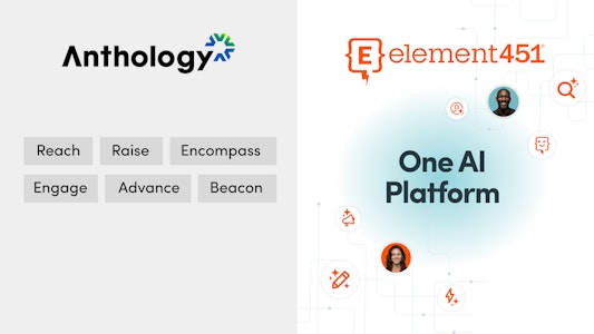 A graphic showing the unified Element451 AI platform for higher ed student engagement as an alternative to Anthology's uncertain CRM related tools