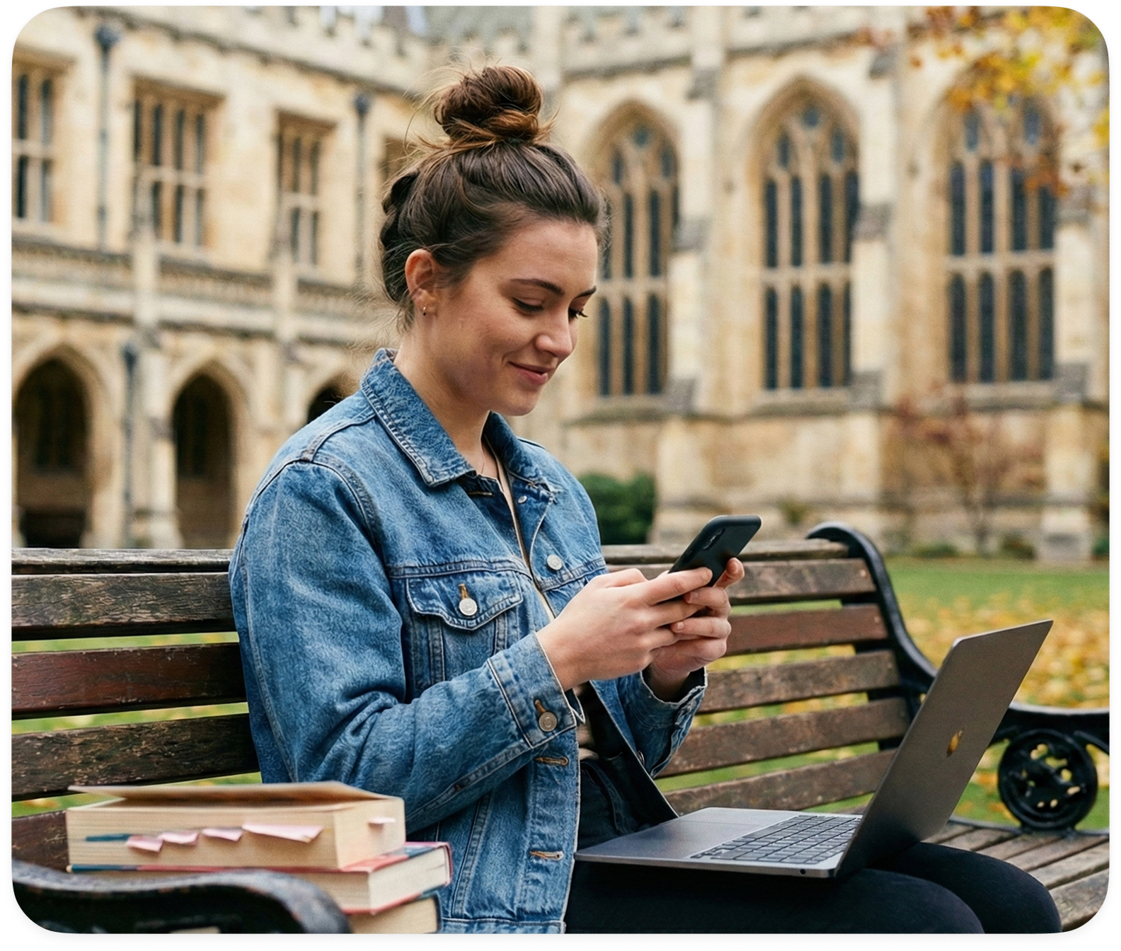 A student with a laptop holding a phone on a campus bench