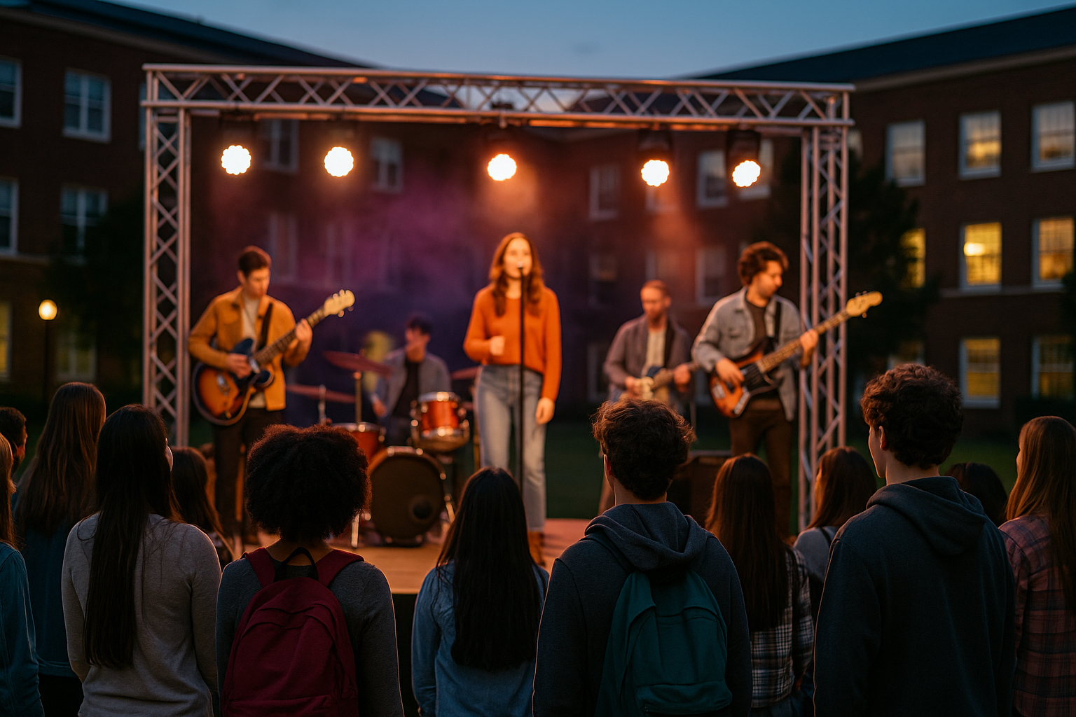 a rock band performing at a night concert on a college campus with a crowd of students watching on