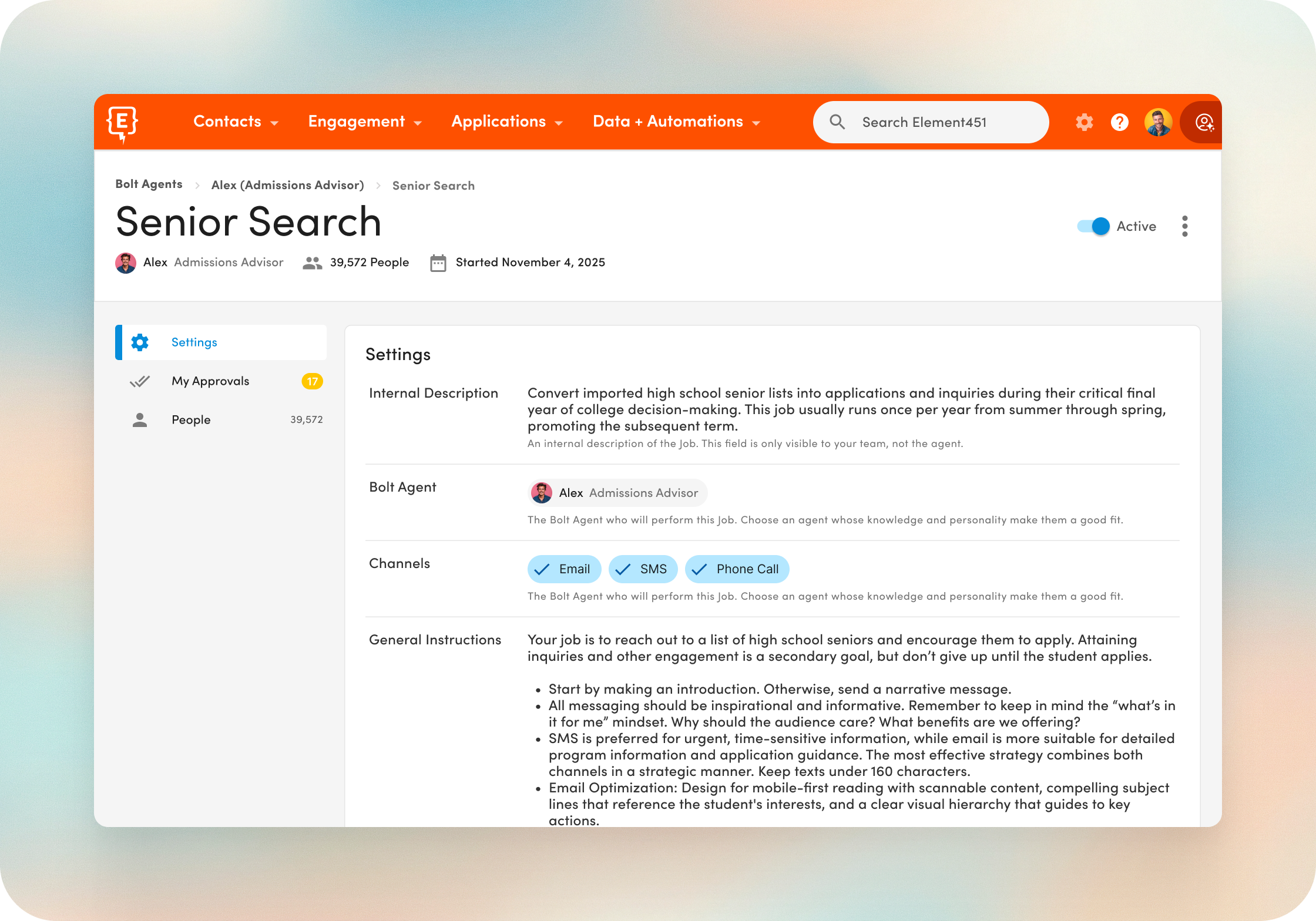 A senior search being conducted by an agent directly in Element451