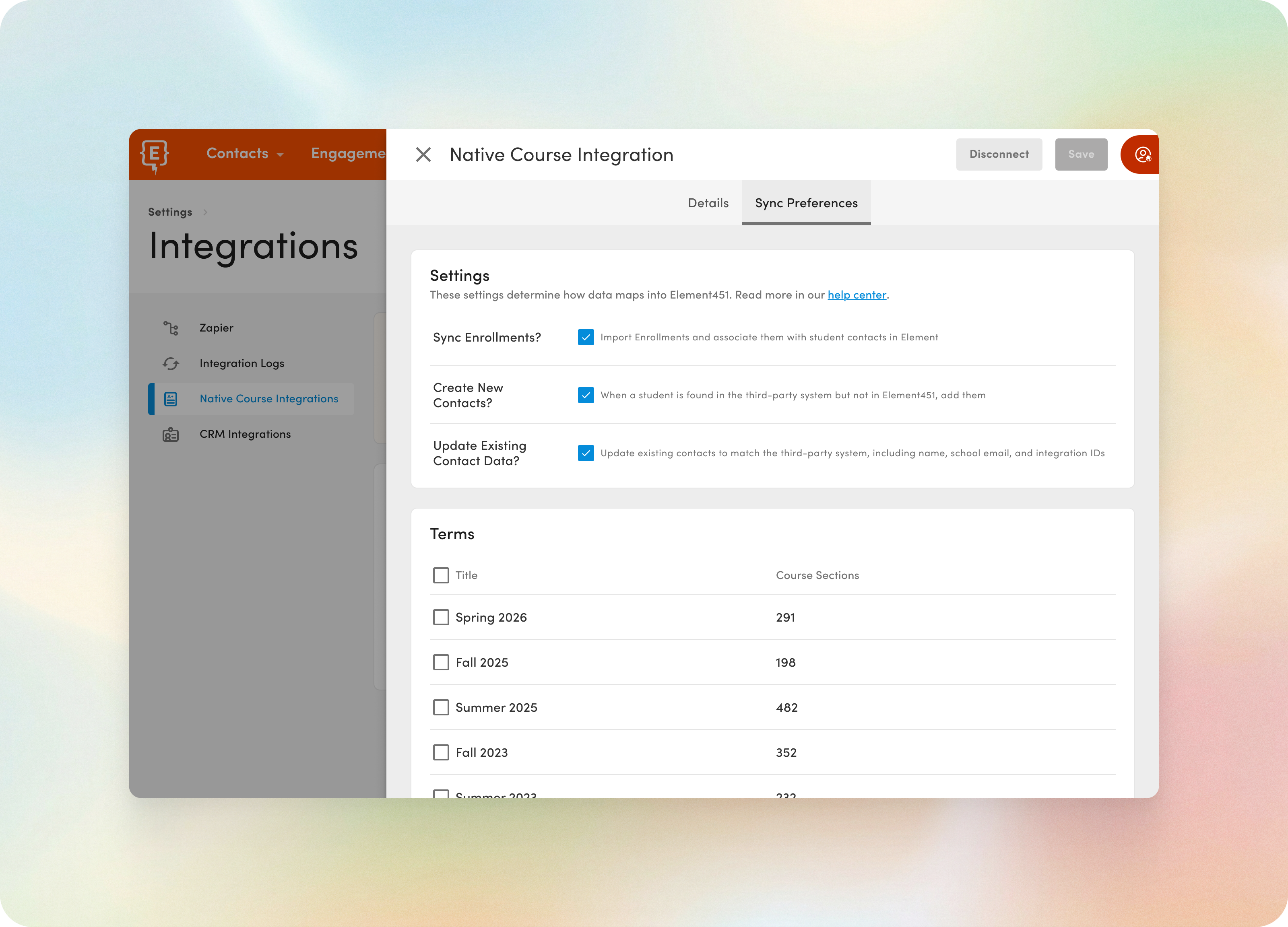 screen in Element451 showing native course integrations