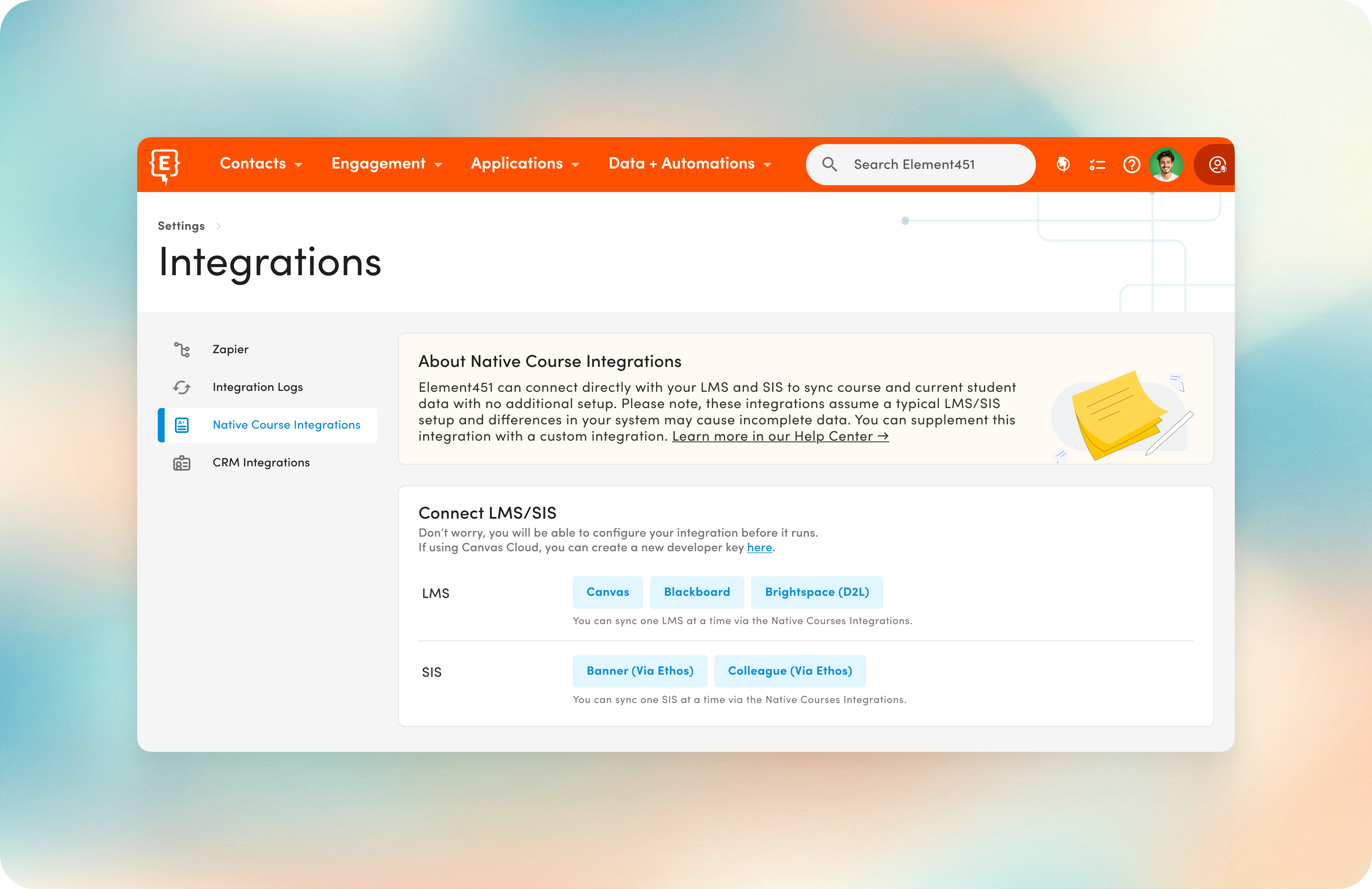 a screen showing how to manage data integrations in Element451