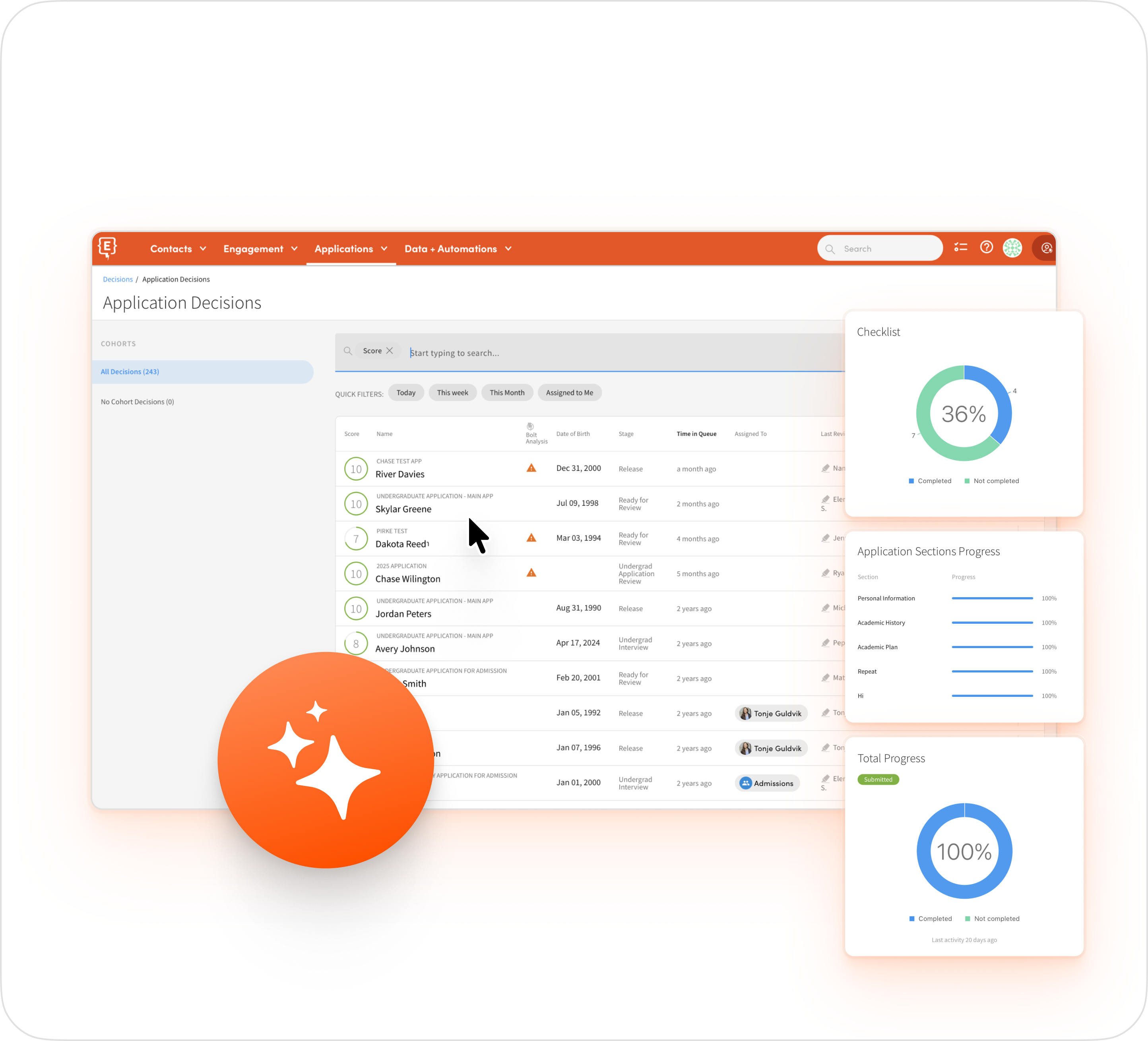 screens showing how to set up application decisioning in Element451