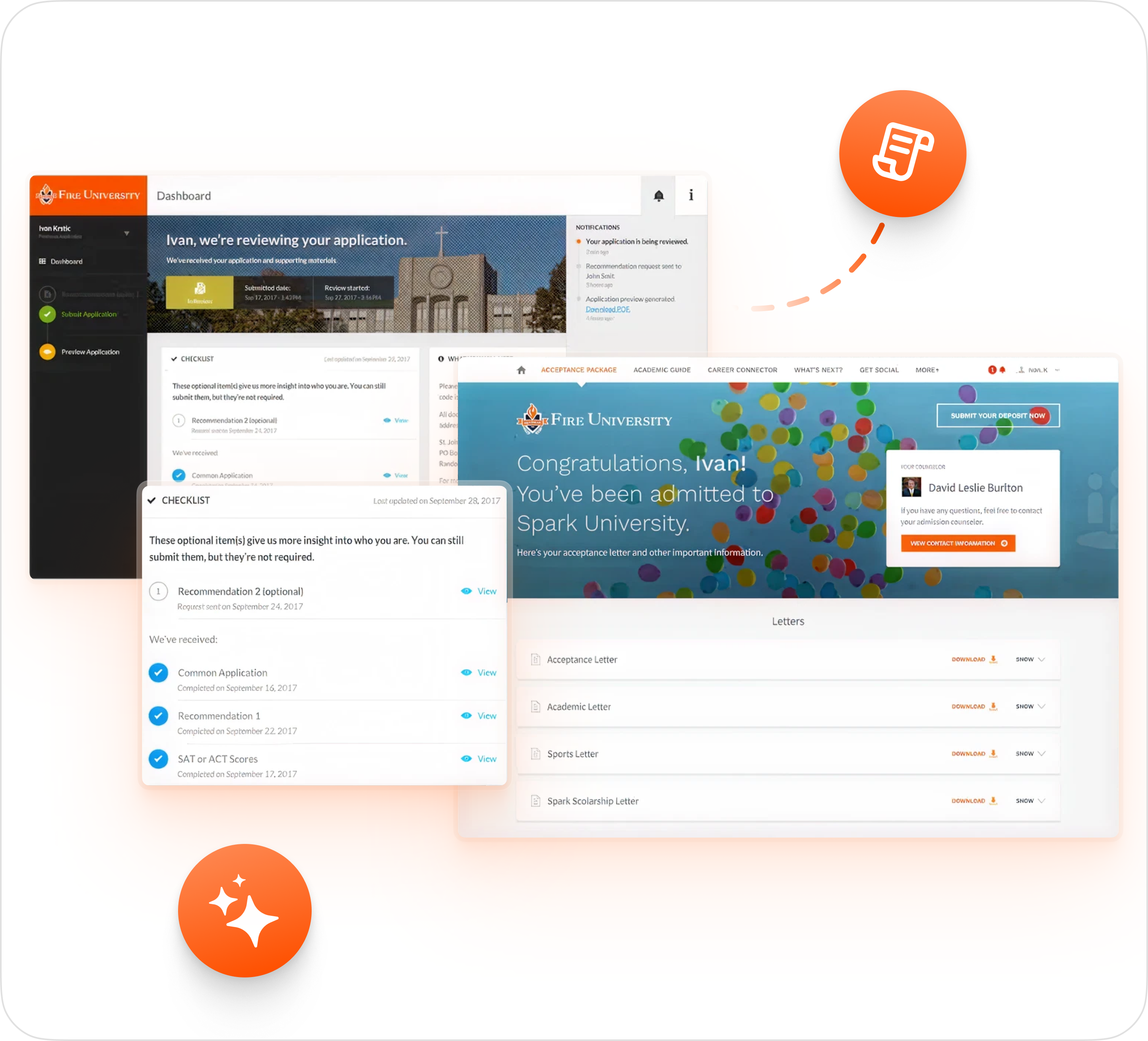 screens showing how admissions decisions are sent in Element451