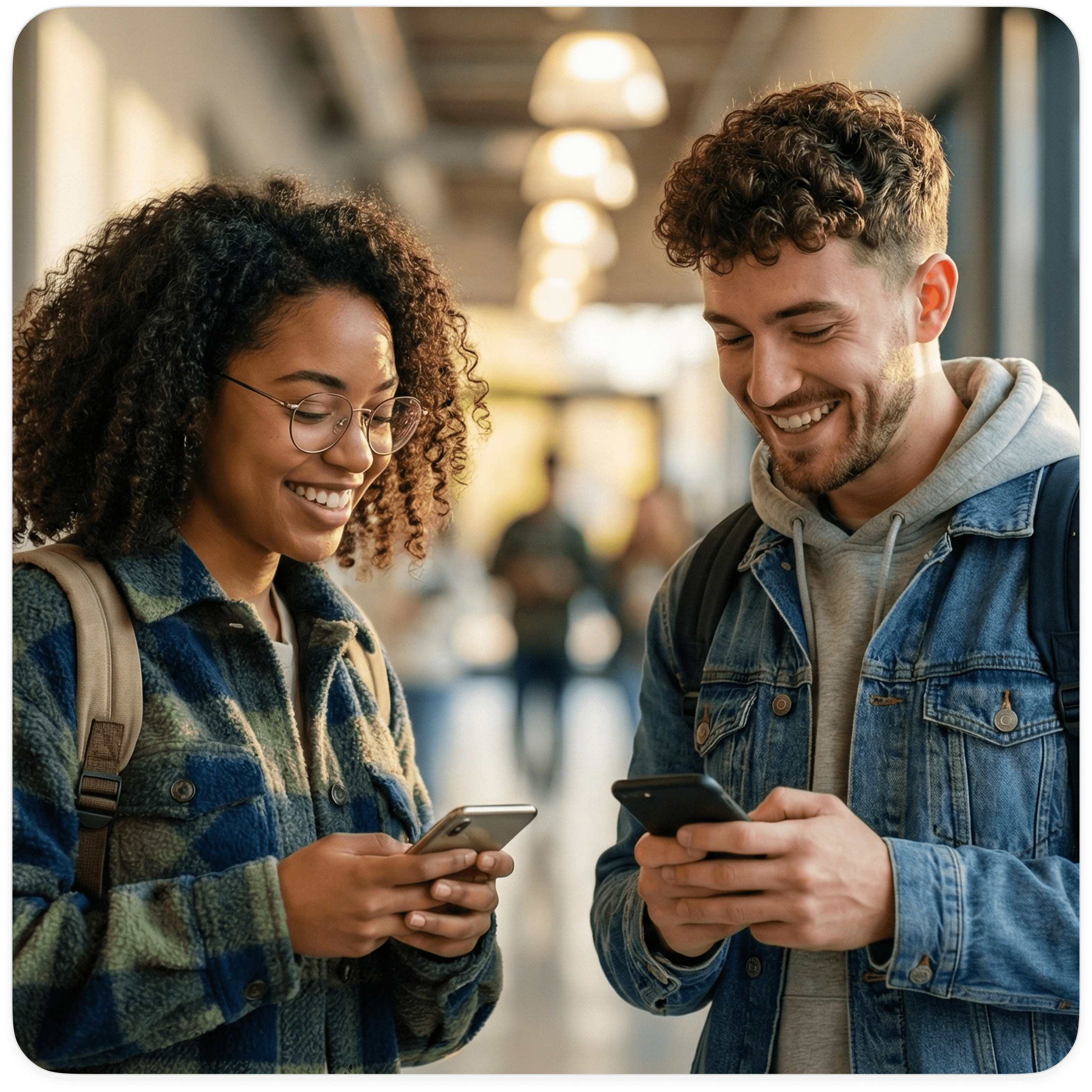 two college students in a hallway talking together
