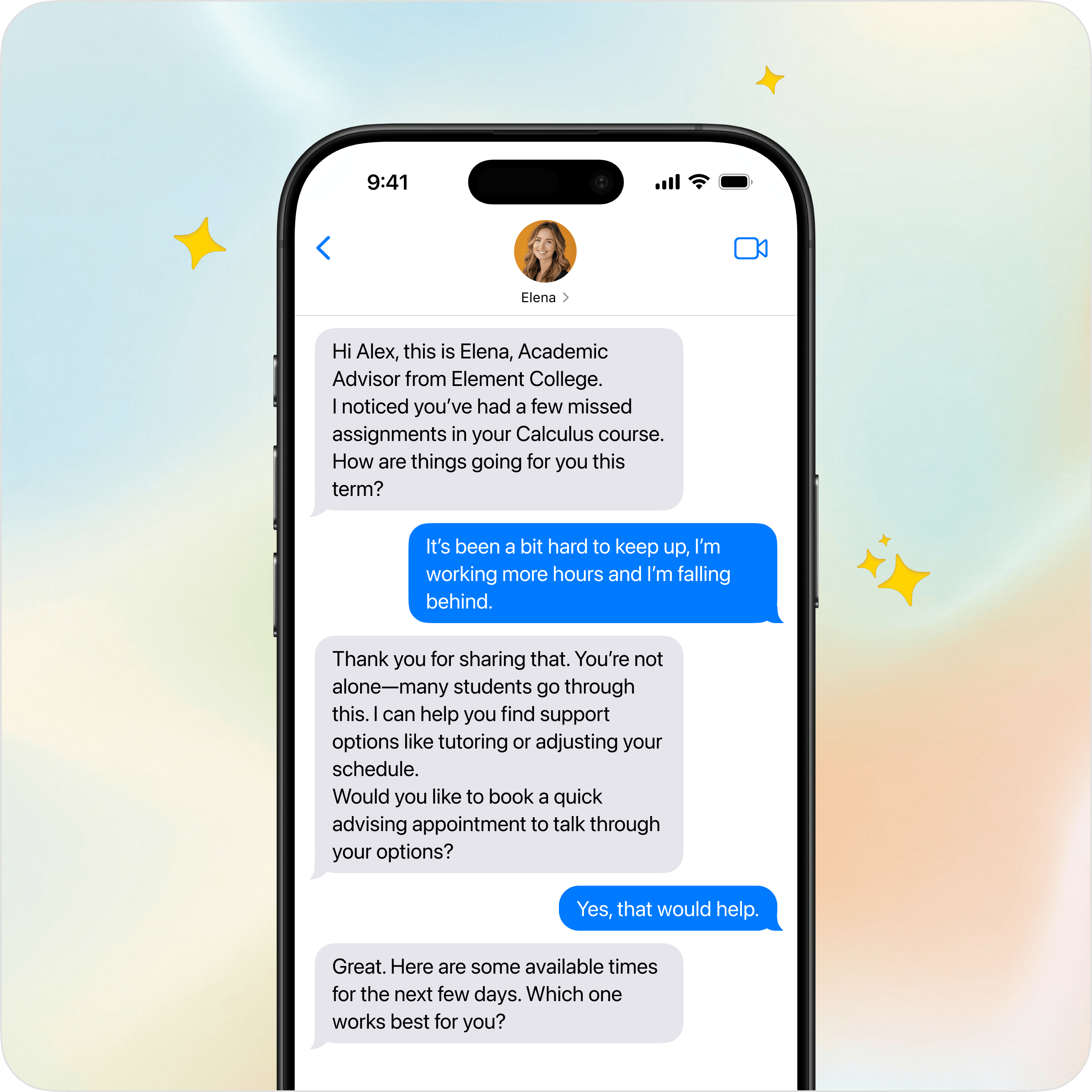 a text conversation on a smartphone between a student and an AI advisor in Element451's student hub