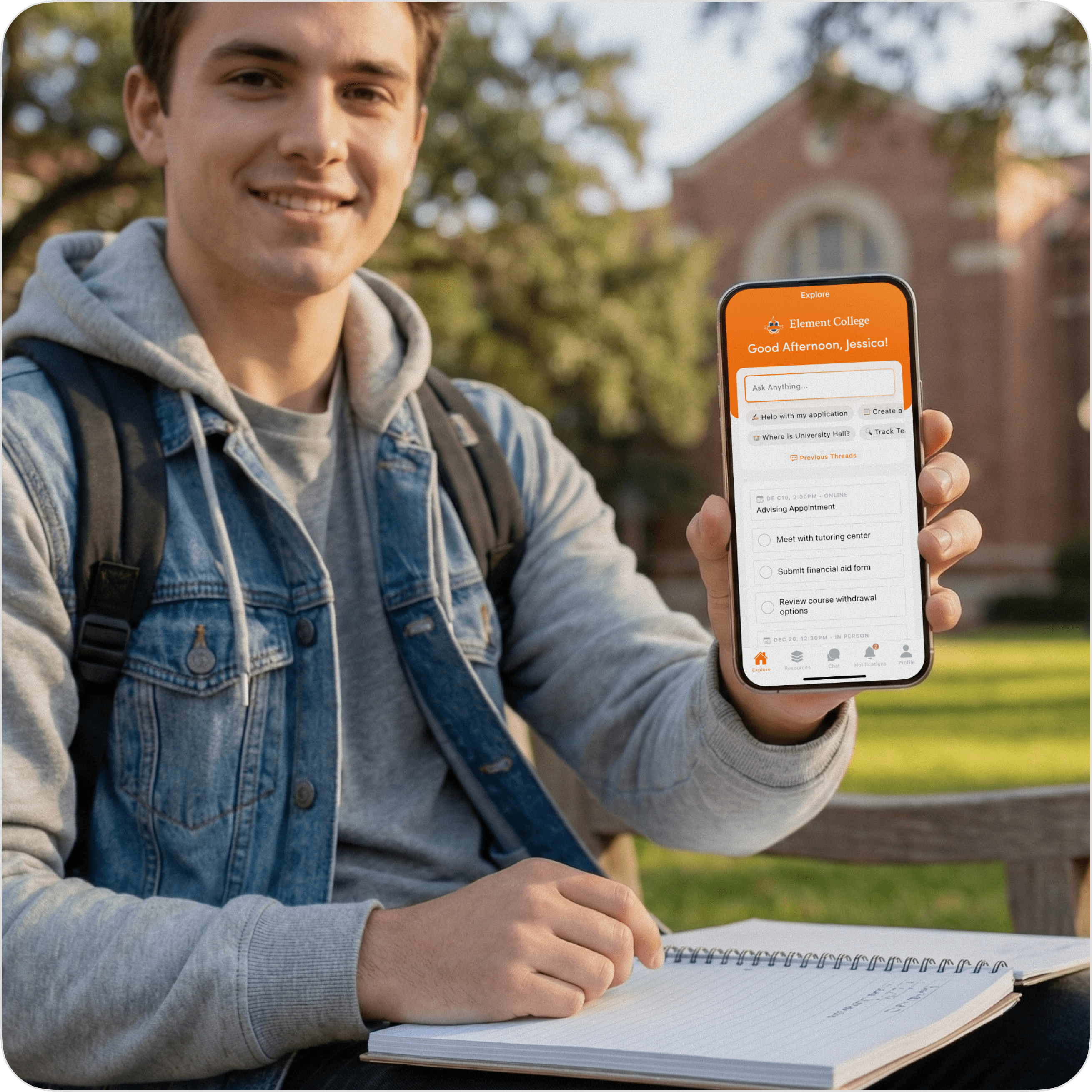 a college student showing his mobile phone screen where he's on the StudentHub app from Element451