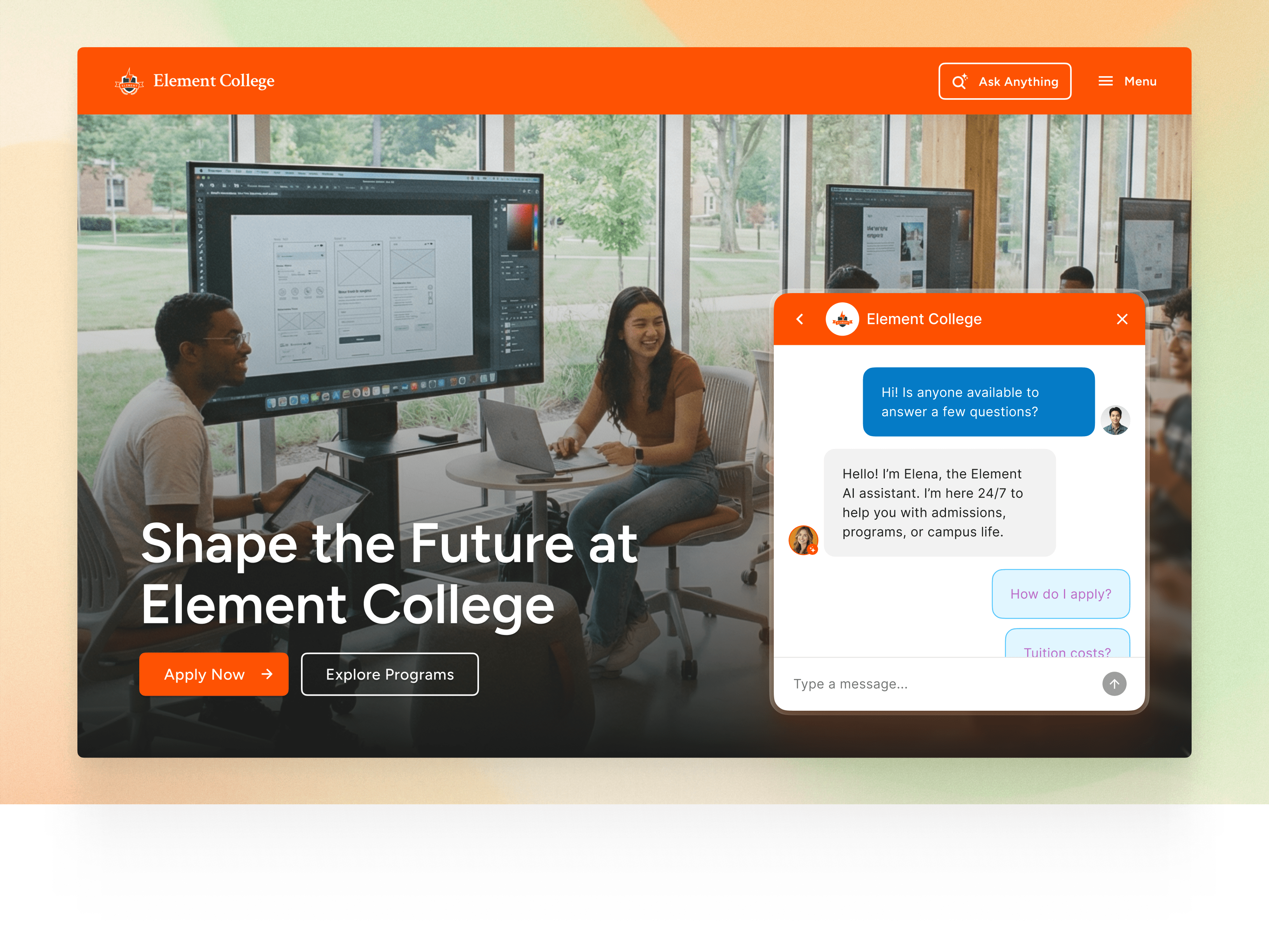 the homepage for Element University's website with an AI agent assisting students