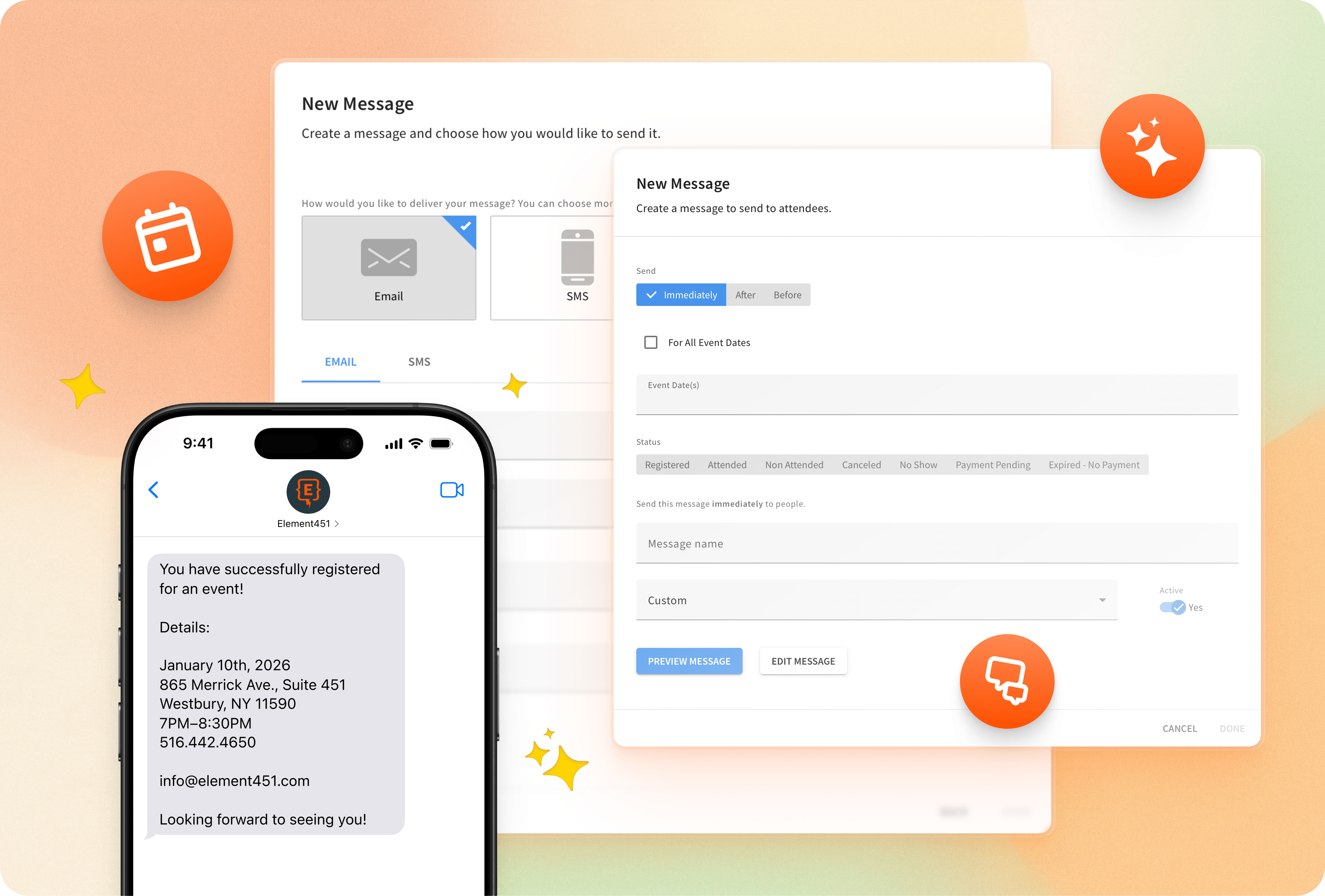 Element451 event messaging interface showing how universities create and send event communications across email and SMS. The image highlights automated messages sent to students, including registration confirmations and event details, helping institutions keep attendees informed and engaged before, during, and after campus events.