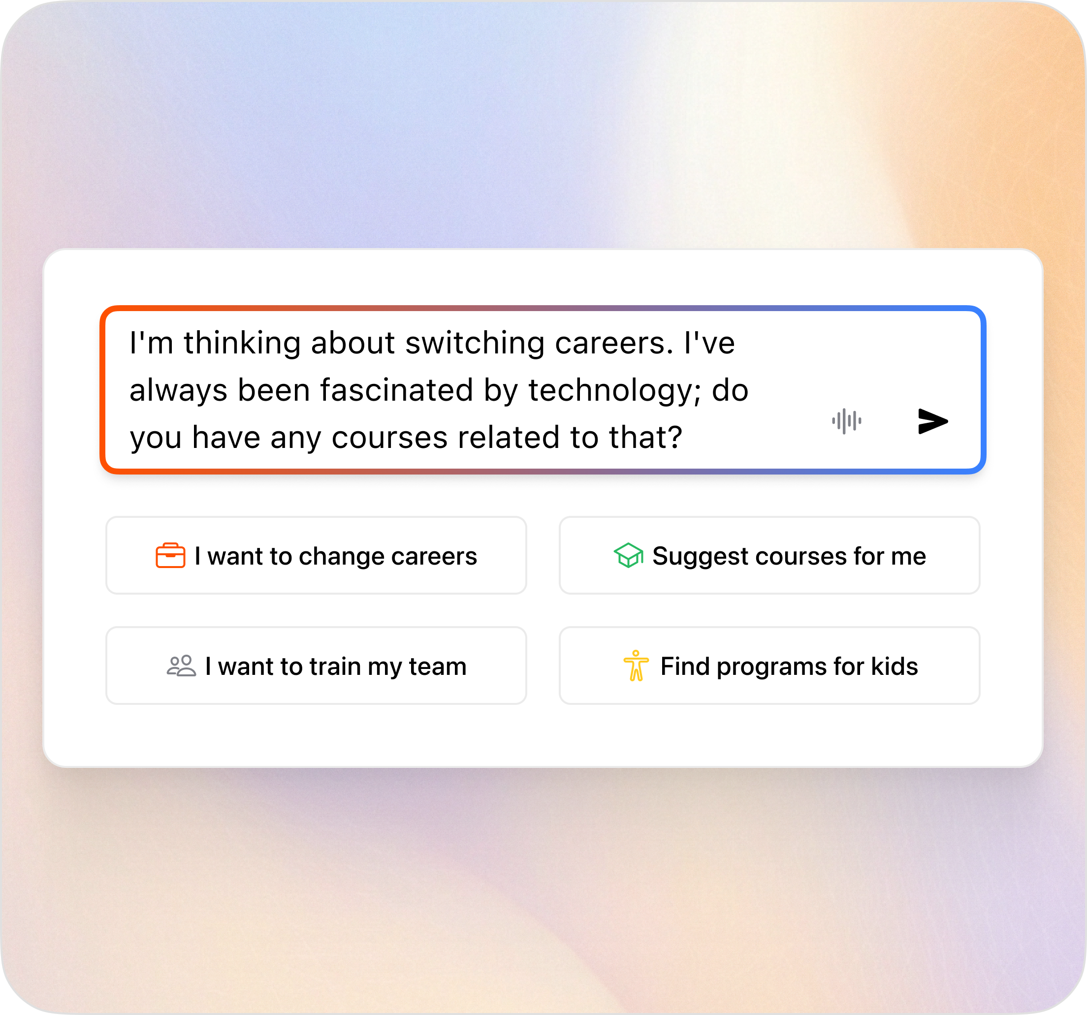 A text field with a user asking about career change