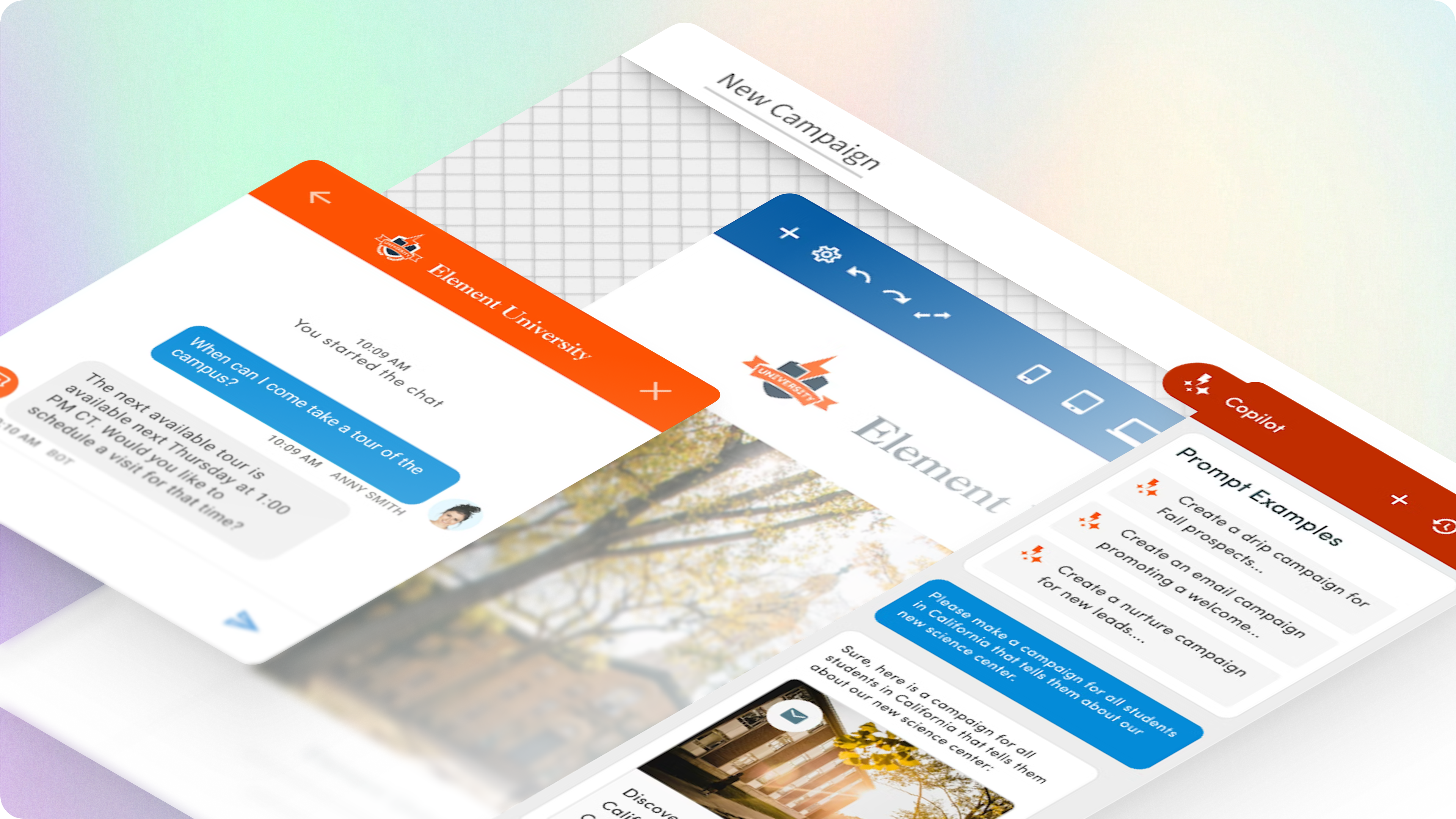 Interface elements for creating a marketing campaign in Element451