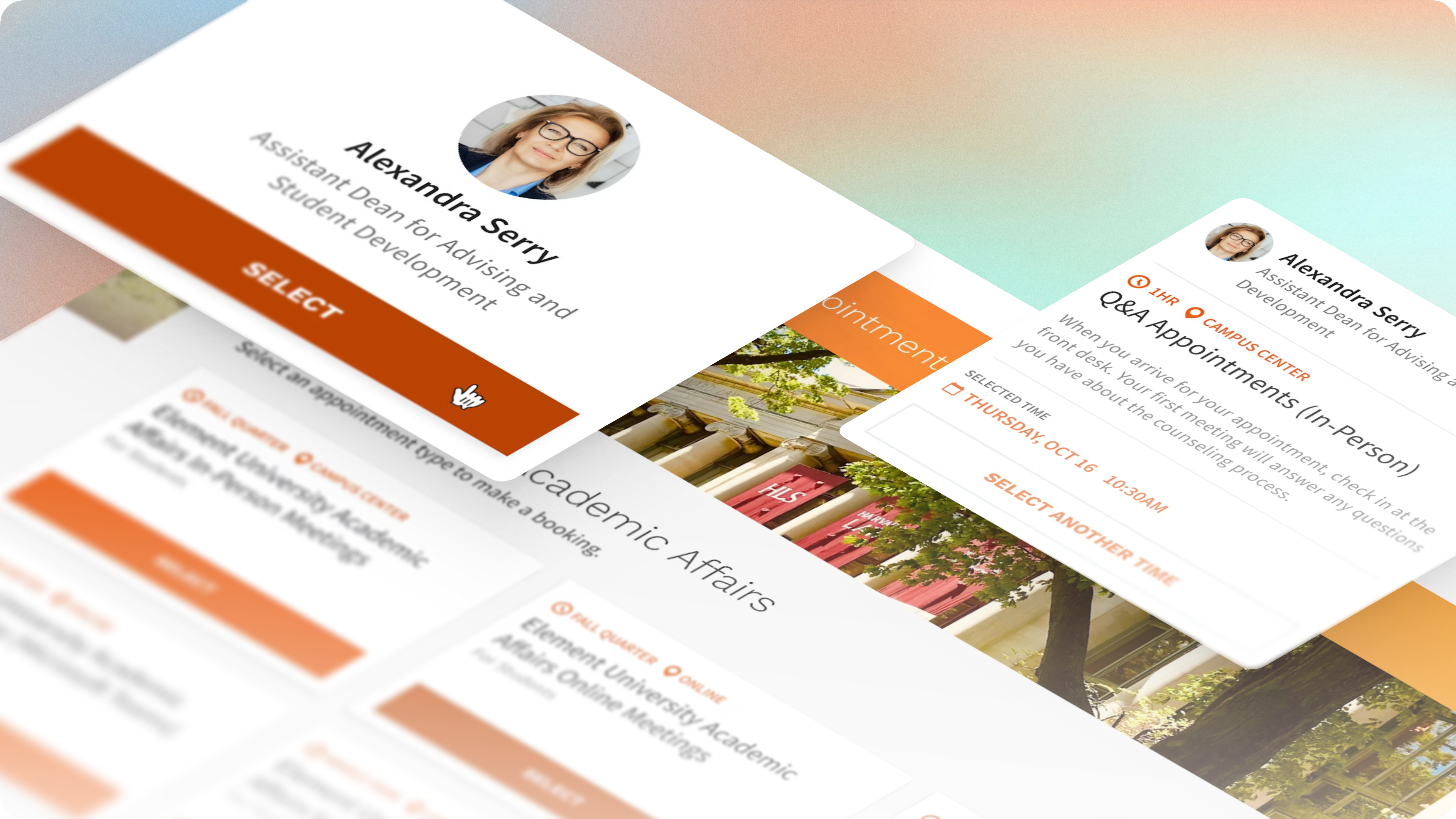 Appointment booking interface in Element451, showing multiple counselors to book with
