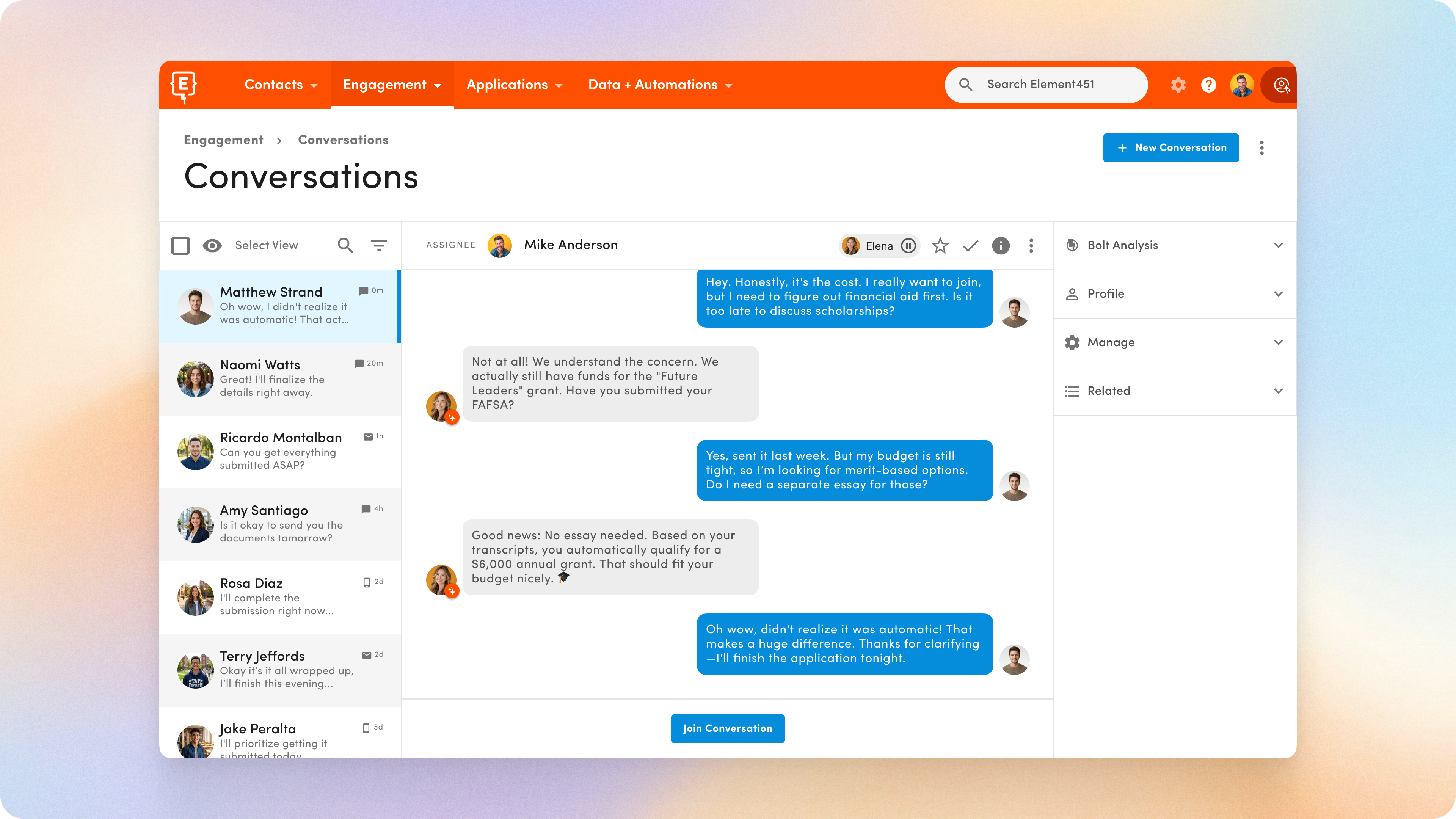 The conversations UI in Element451 showing a chat between a student and an AI agent