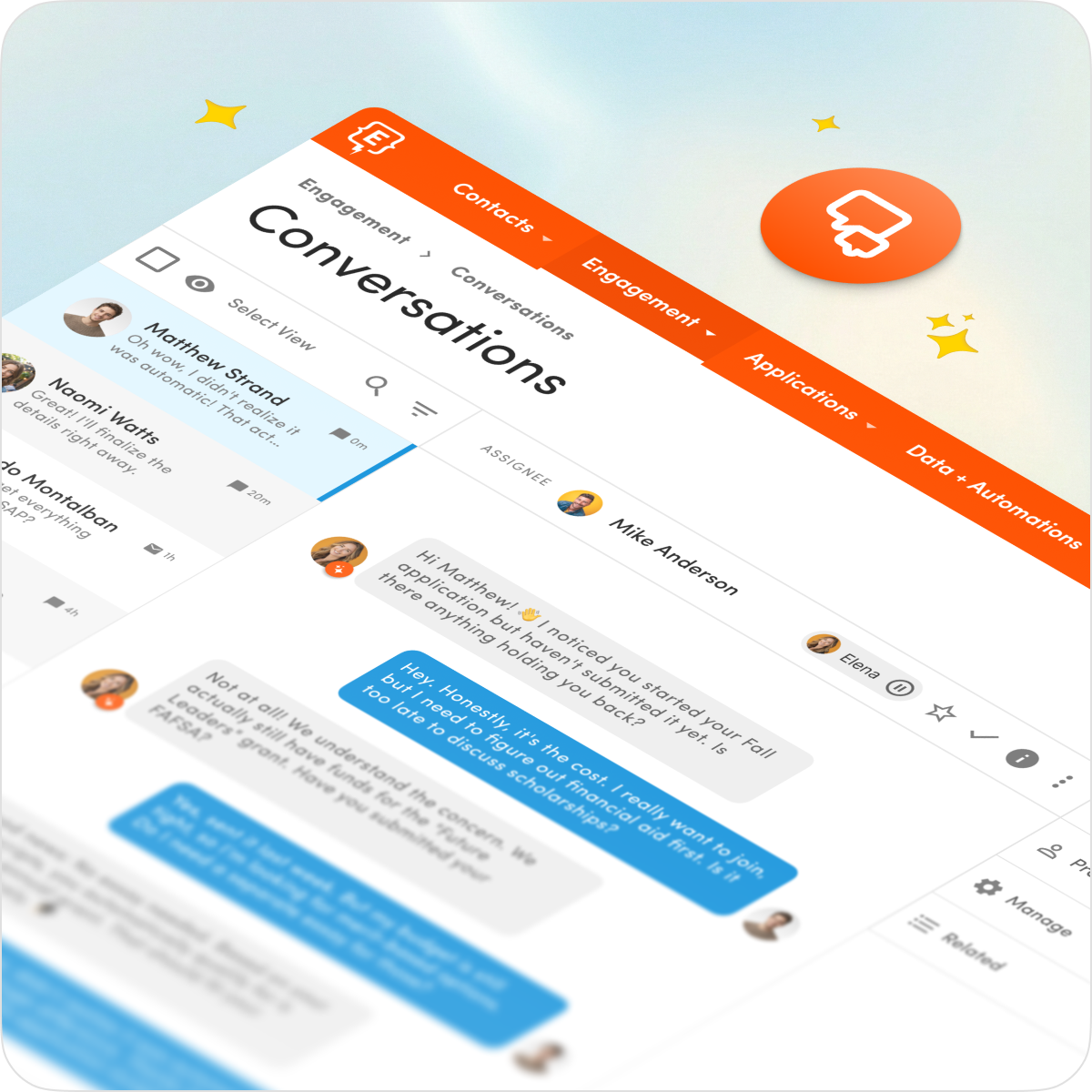 Element451 Conversations interface showing personalized messages that keep admitted students engaged