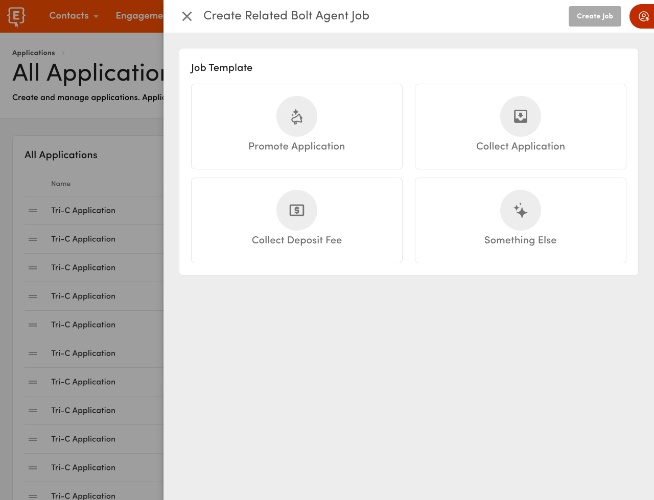 the screen in Element451 where applications are managed has options to quickly create an AI agent job related to the application, such as collect applications