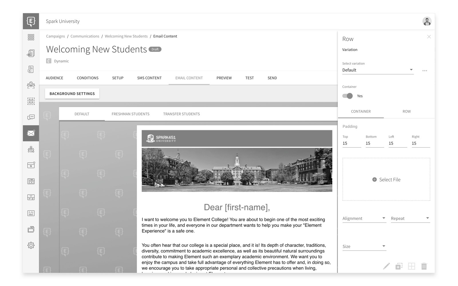 A screenshot of a marketing email draft within a CRM, showing diffrent editing and automating options.