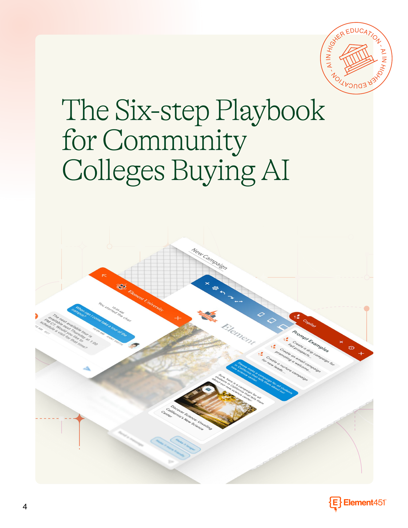 Guide page titled The Six-step Playbook for Community Colleges Buying AI, with product screens showing chat, campaign, and Copilot views.